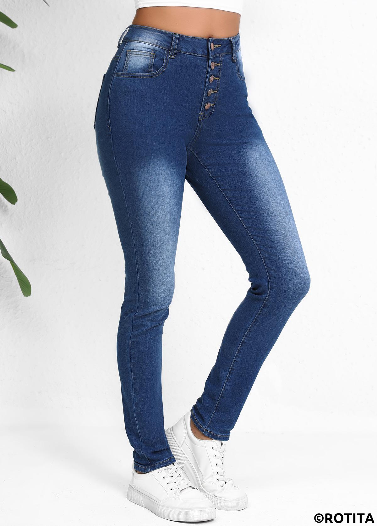 Dark Blue bottoms,Plain Color bottoms,Dark Blue Skinny Mid Waisted Jeans