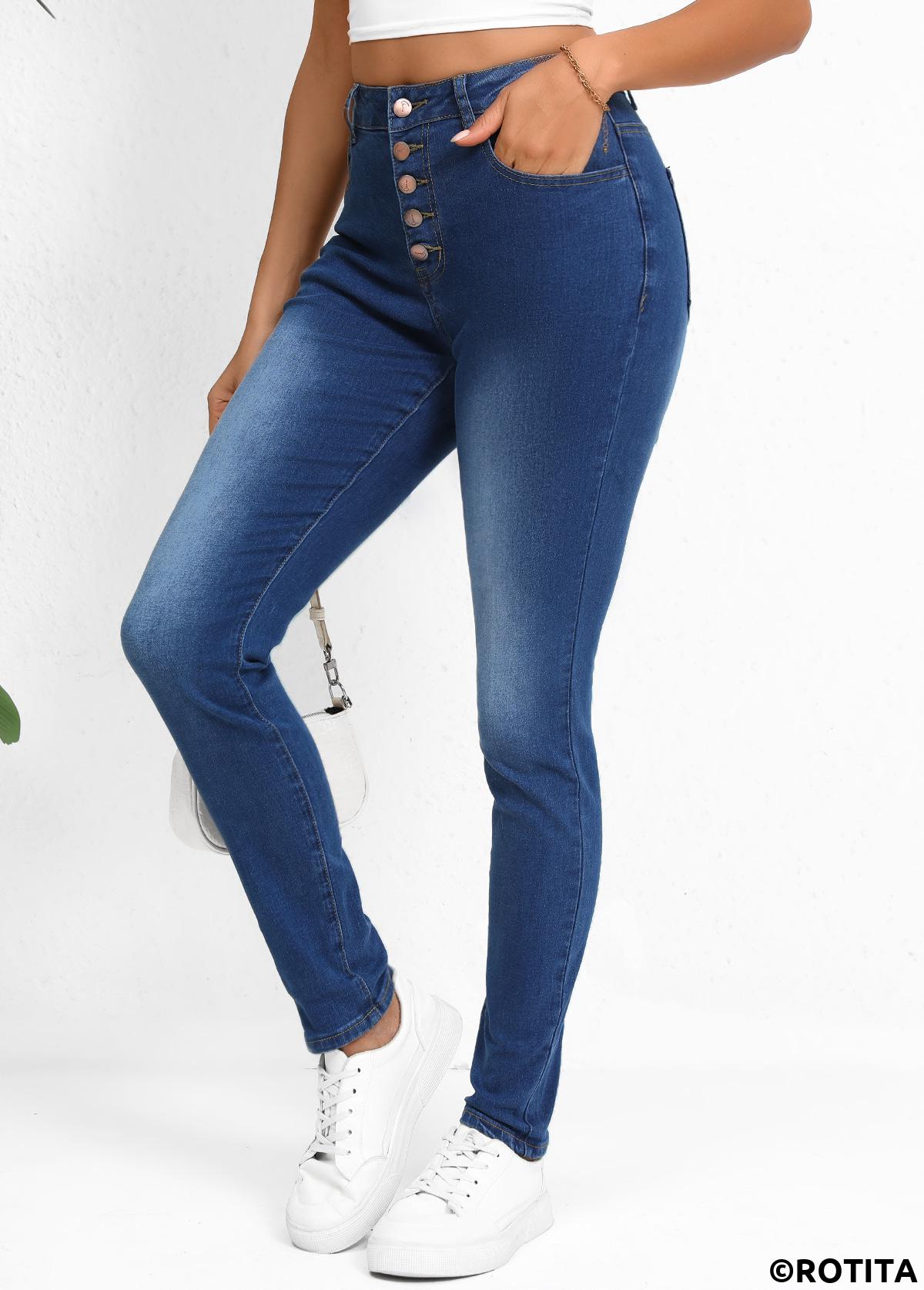 Dark Blue bottoms,Plain Color bottoms,Dark Blue Skinny Mid Waisted Jeans