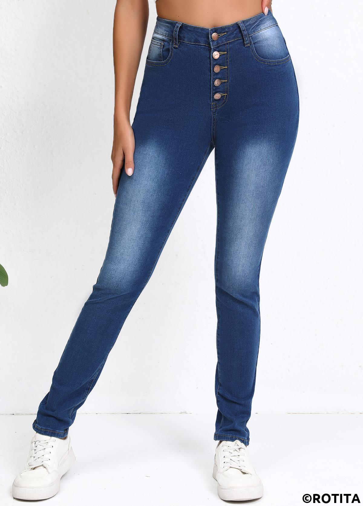 Dark Blue bottoms,Plain Color bottoms,Dark Blue Skinny Mid Waisted Jeans
