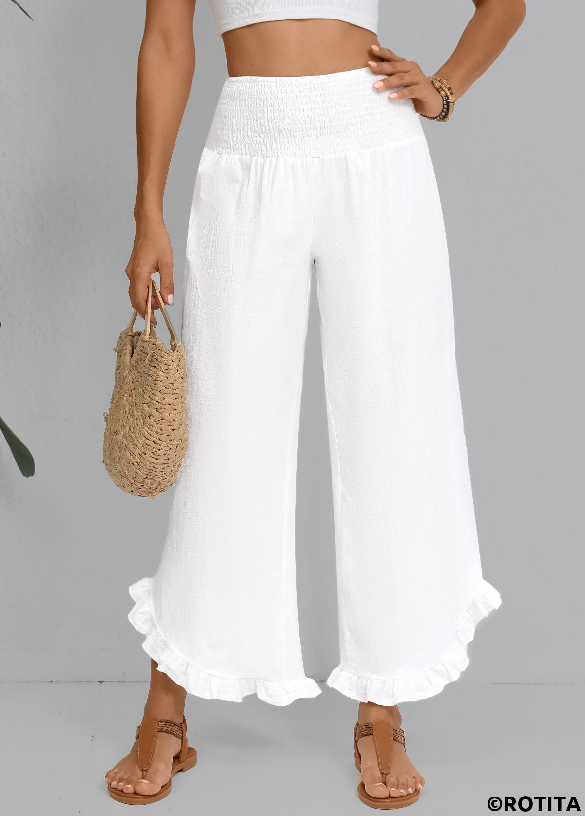 White bottoms,Plain Color bottoms,Wide Leg Elastic Waist High Waisted White Pants