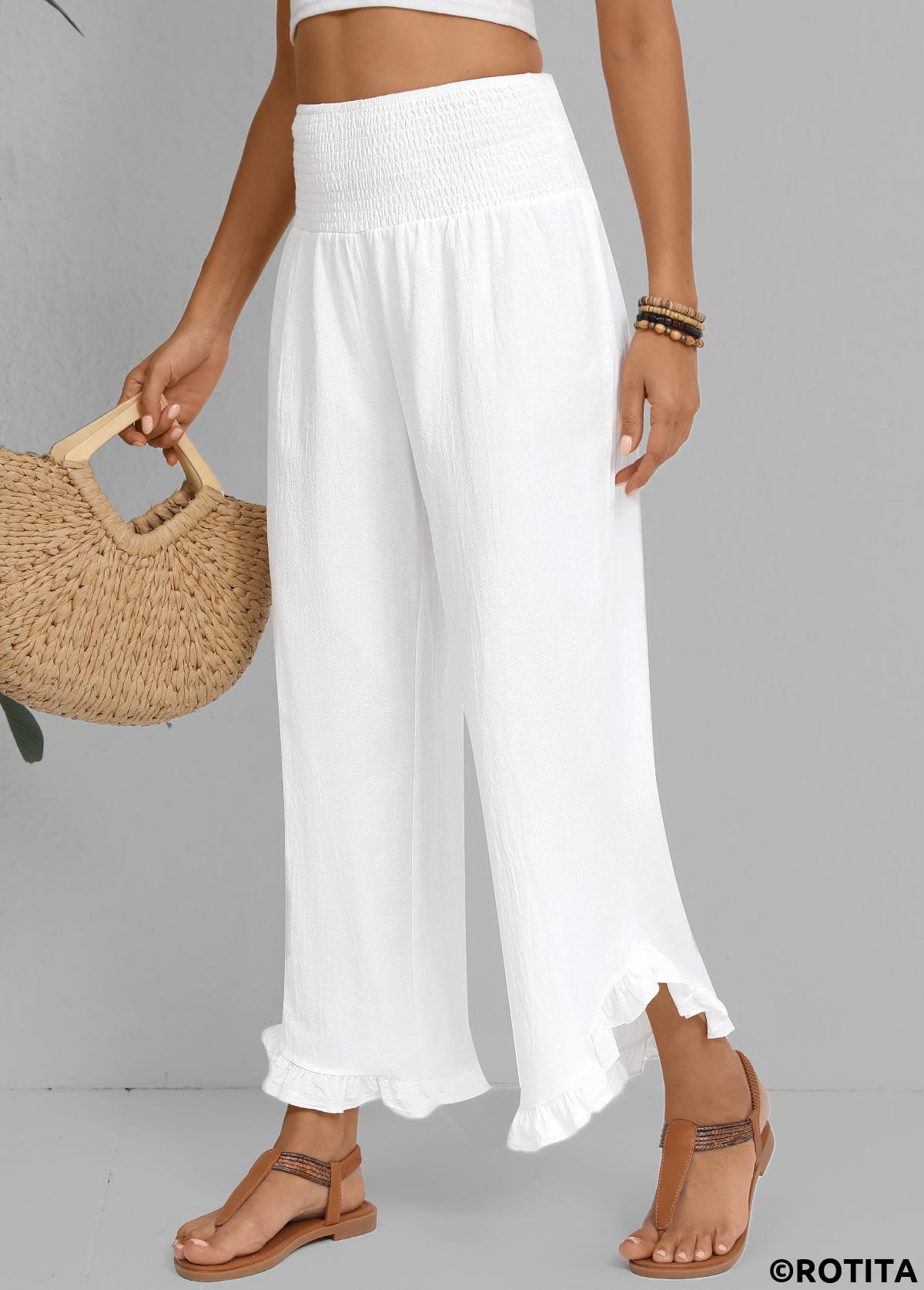 White bottoms,Plain Color bottoms,Wide Leg Elastic Waist High Waisted White Pants