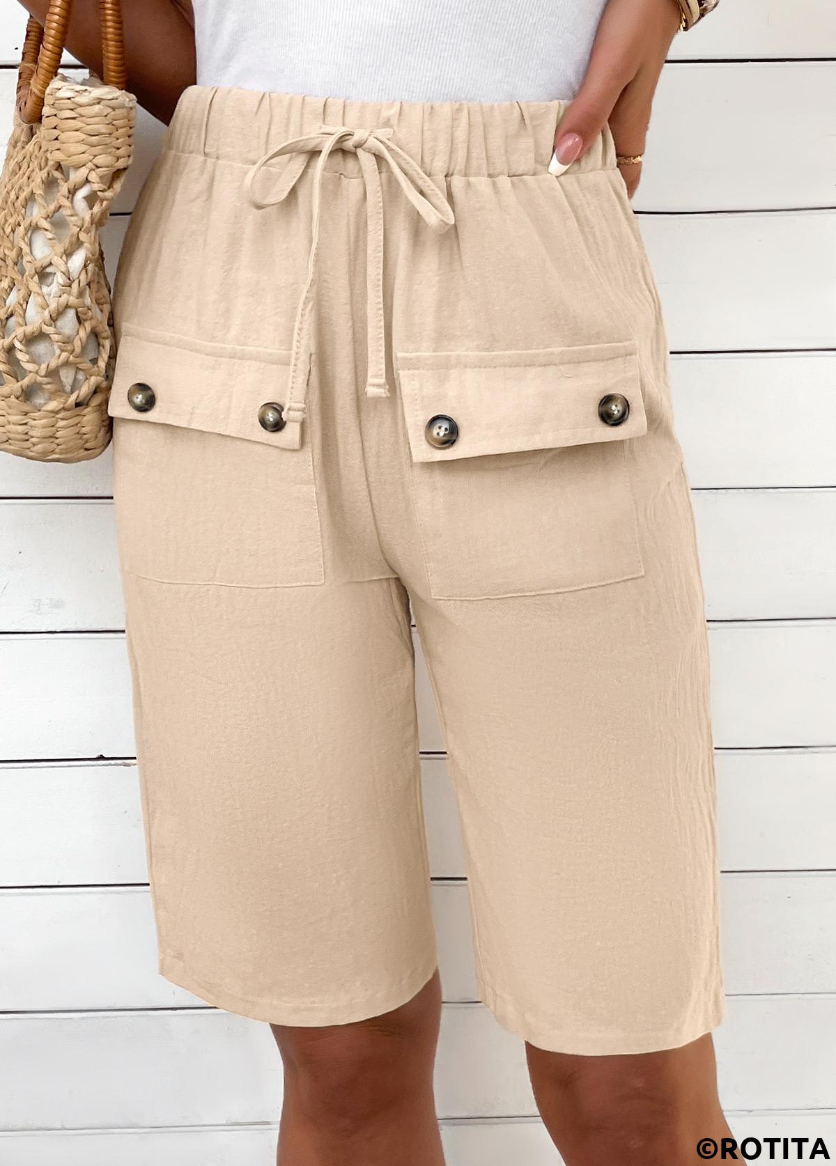 Light Camel bottoms,Plain Color bottoms,Lace Up Light Camel Elastic Waist High Waisted Shorts