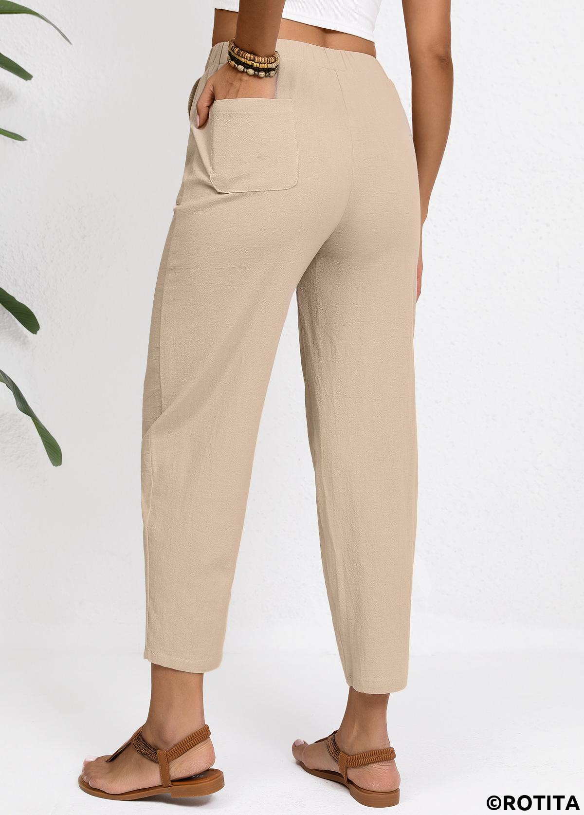 Light Camel bottoms,Plain Color bottoms,Light Camel Elastic Waist High Waisted Pants