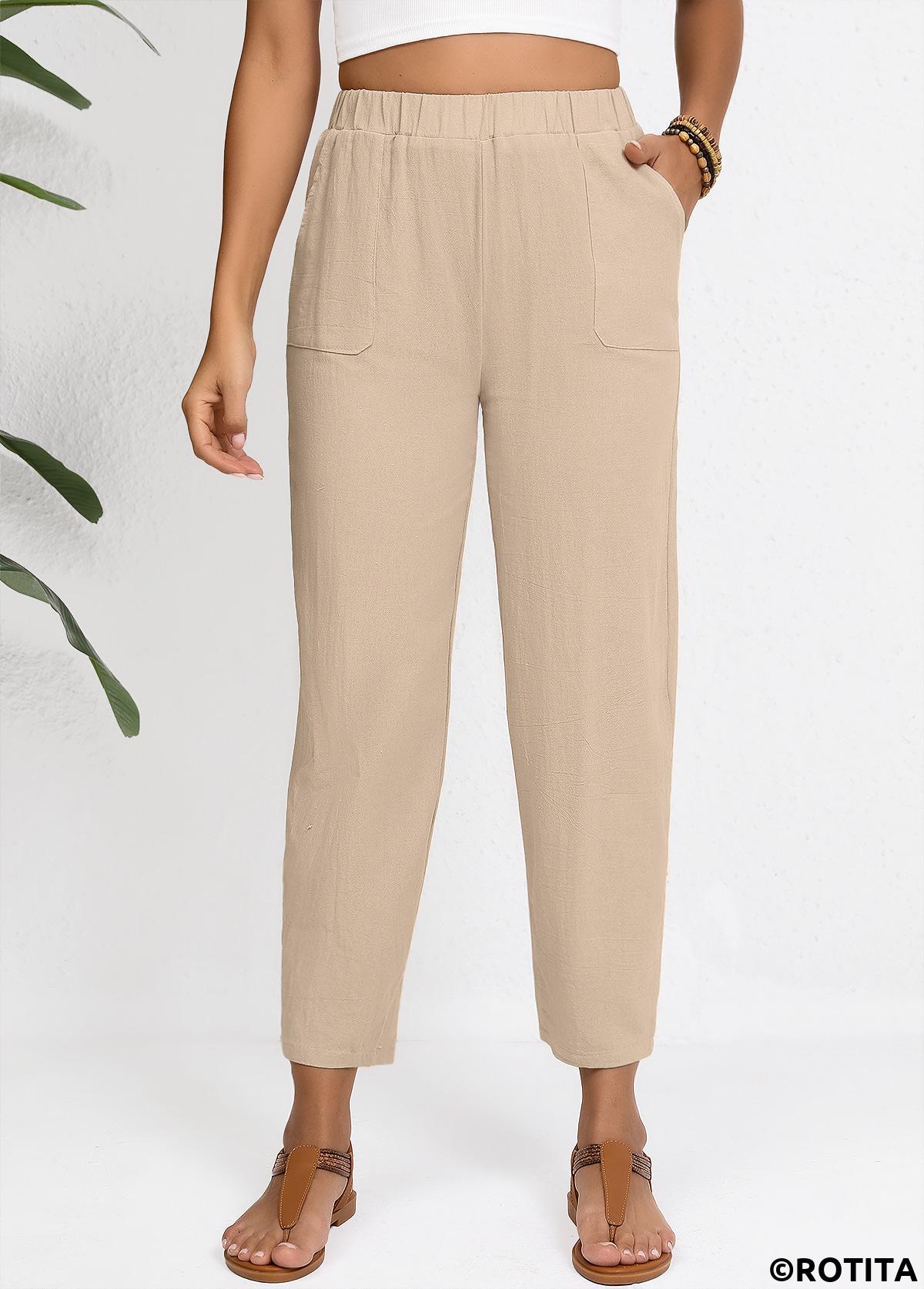Light Camel bottoms,Plain Color bottoms,Light Camel Elastic Waist High Waisted Pants