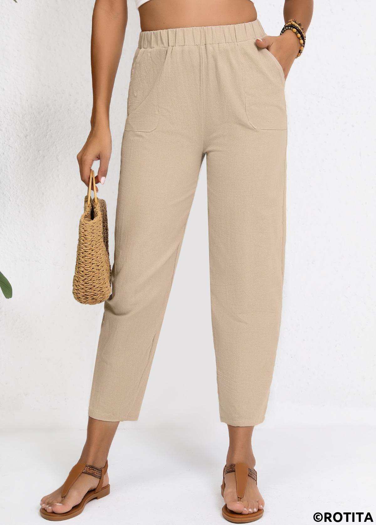 Light Camel bottoms,Plain Color bottoms,Light Camel Elastic Waist High Waisted Pants