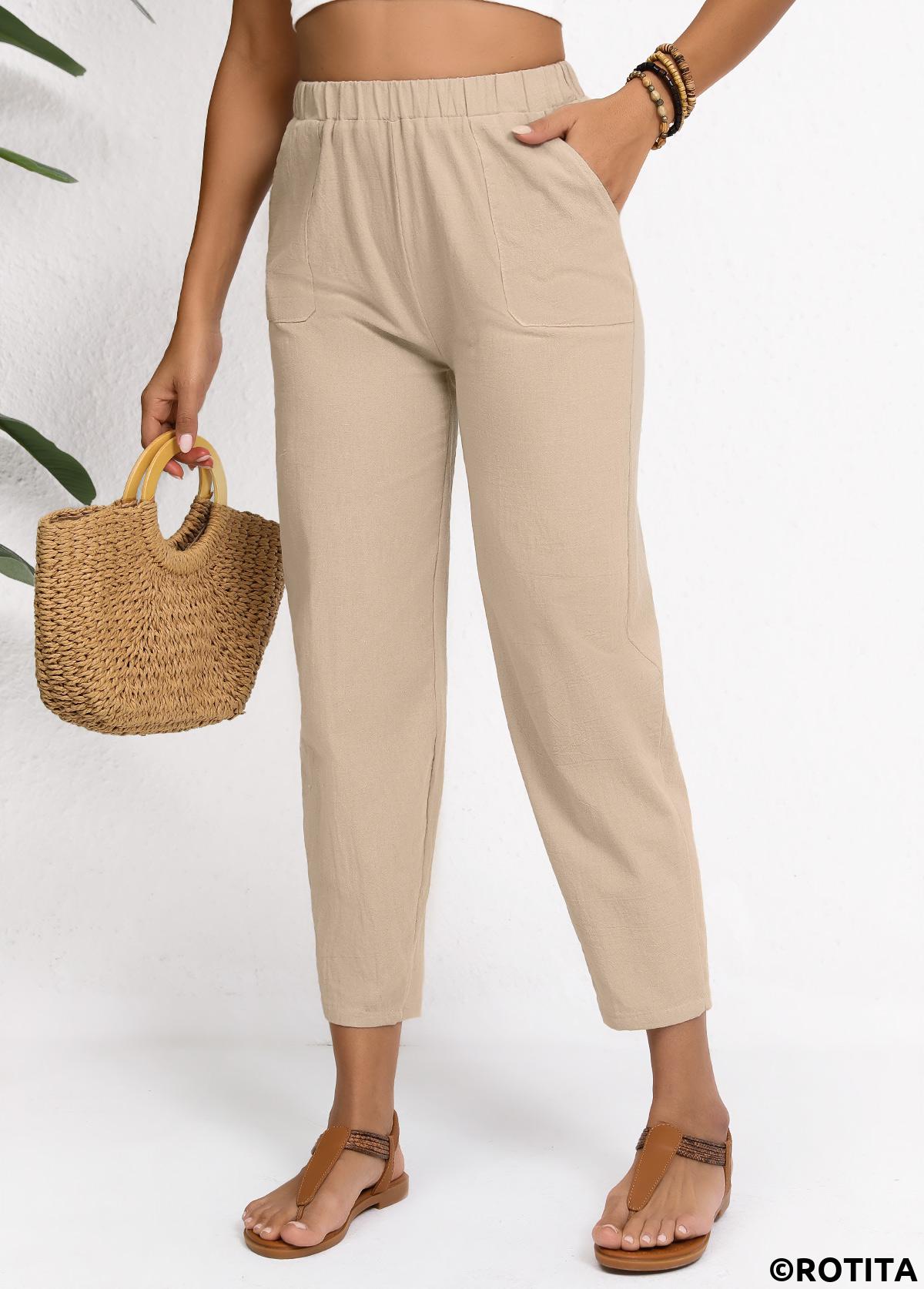Light Camel bottoms,Plain Color bottoms,Light Camel Elastic Waist High Waisted Pants