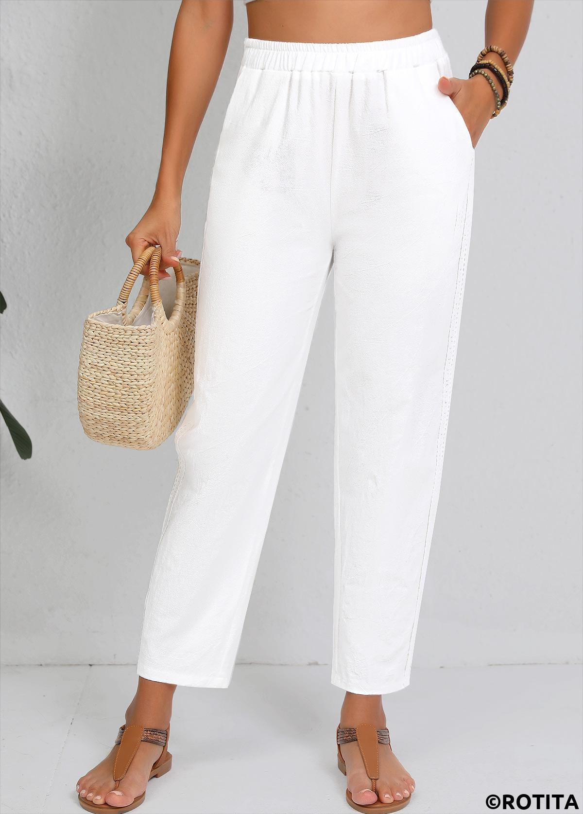 White bottoms,Plain Color bottoms,Straight Leg Elastic Waist White High Waisted Pants