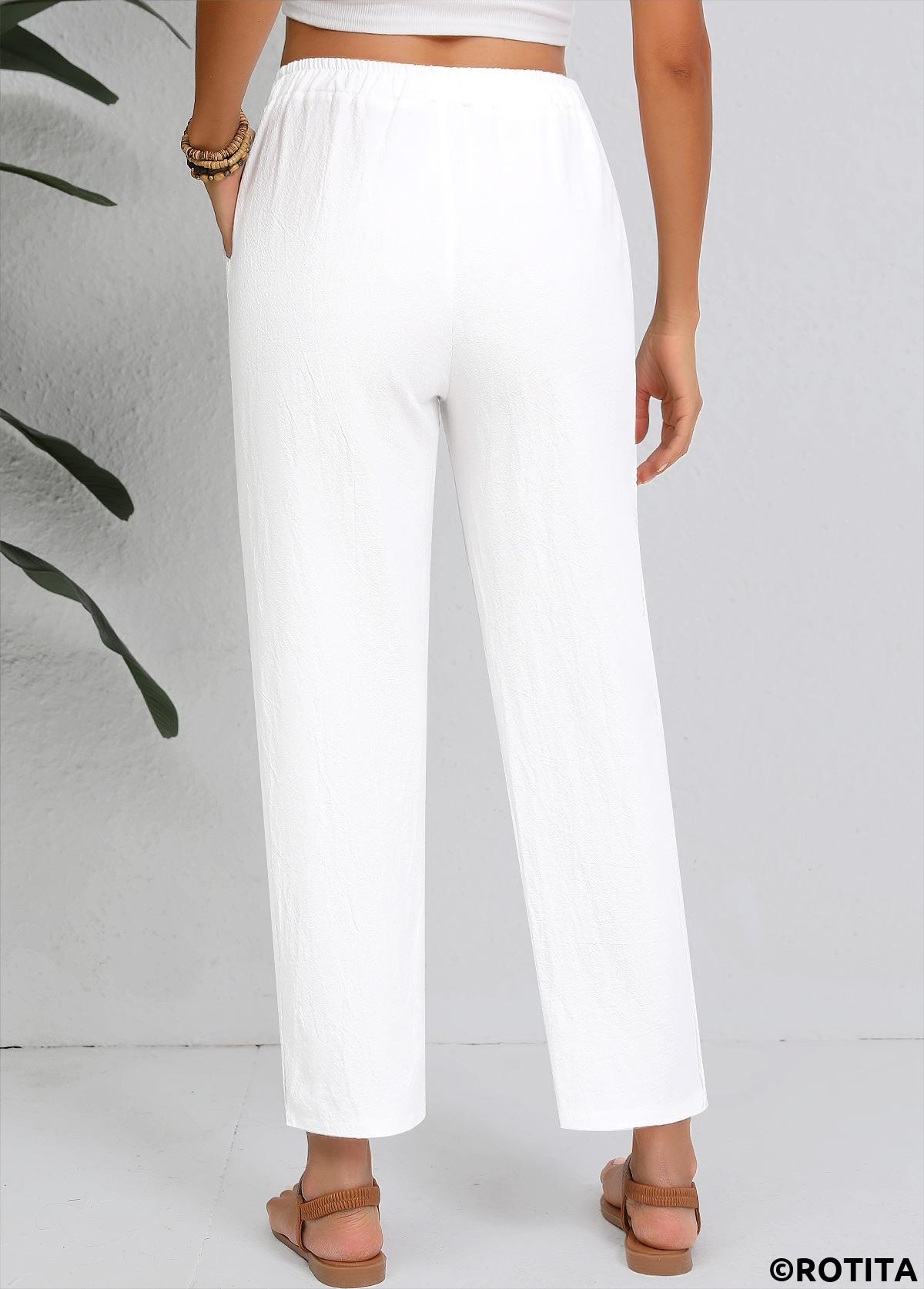 White bottoms,Plain Color bottoms,Straight Leg Elastic Waist White High Waisted Pants
