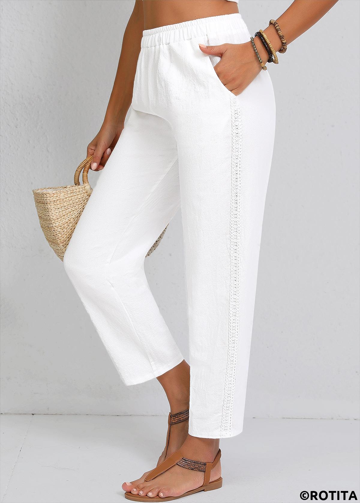 White bottoms,Plain Color bottoms,Straight Leg Elastic Waist White High Waisted Pants