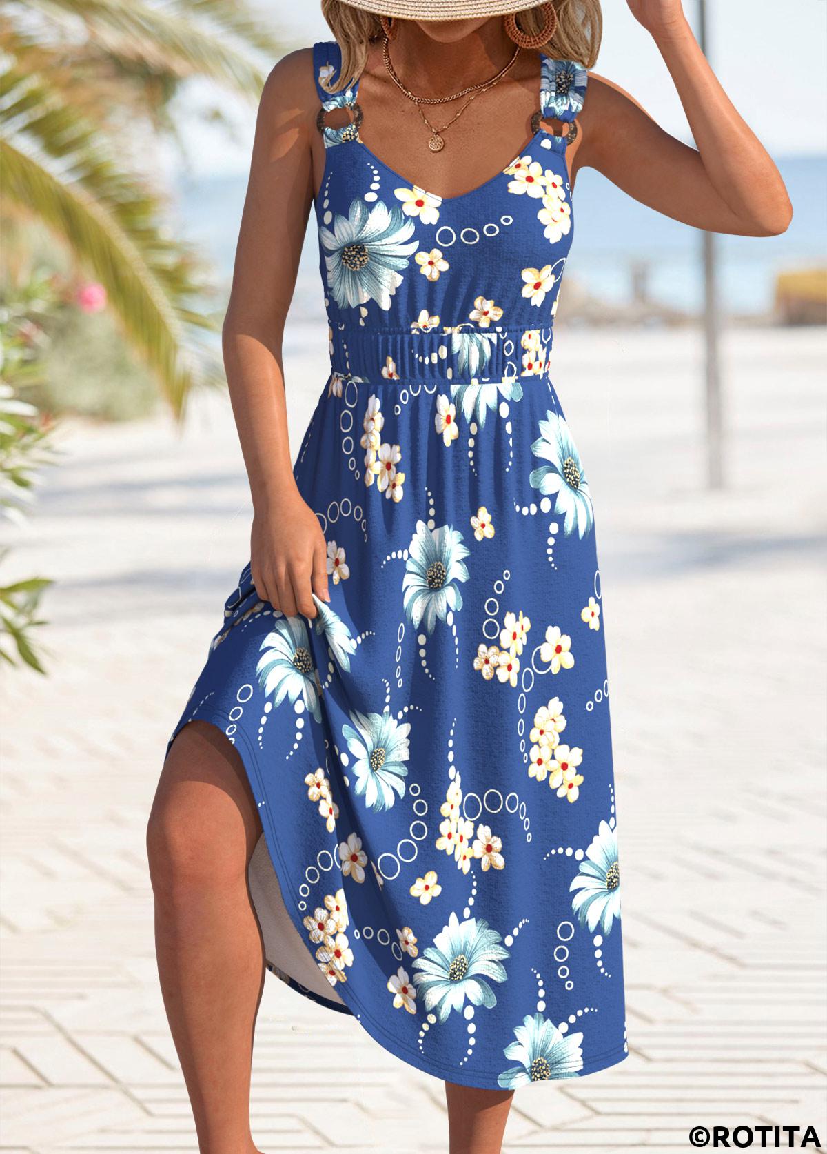 Blue dresses,Floral dresses,Plants dresses,Vacation dresses,Vacation dresses,ROTITA Circular Ring Floral Print Blue V Neck Strappy Dress