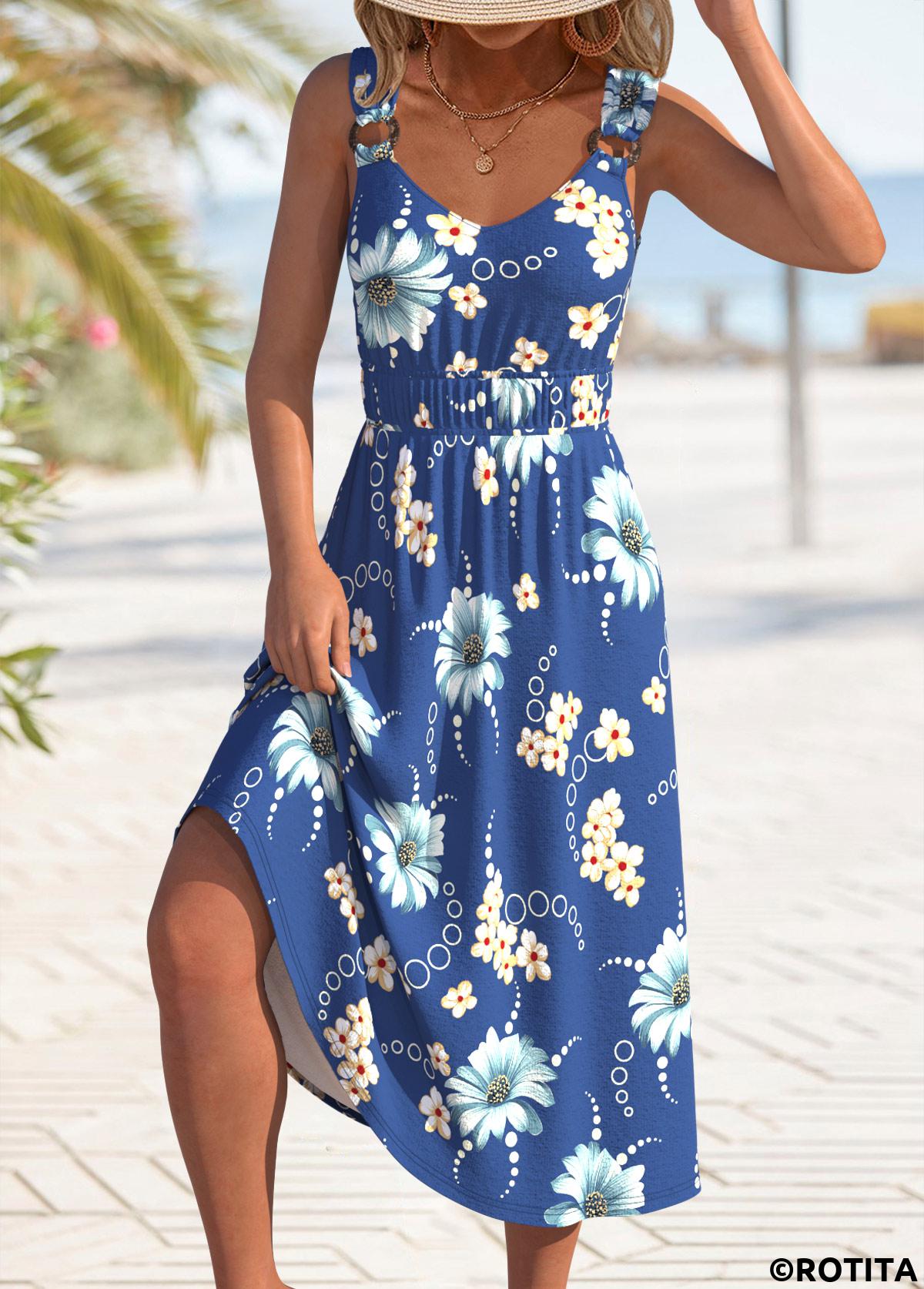 Blue dresses,Floral dresses,Plants dresses,Vacation dresses,Vacation dresses,ROTITA Circular Ring Floral Print Blue V Neck Strappy Dress