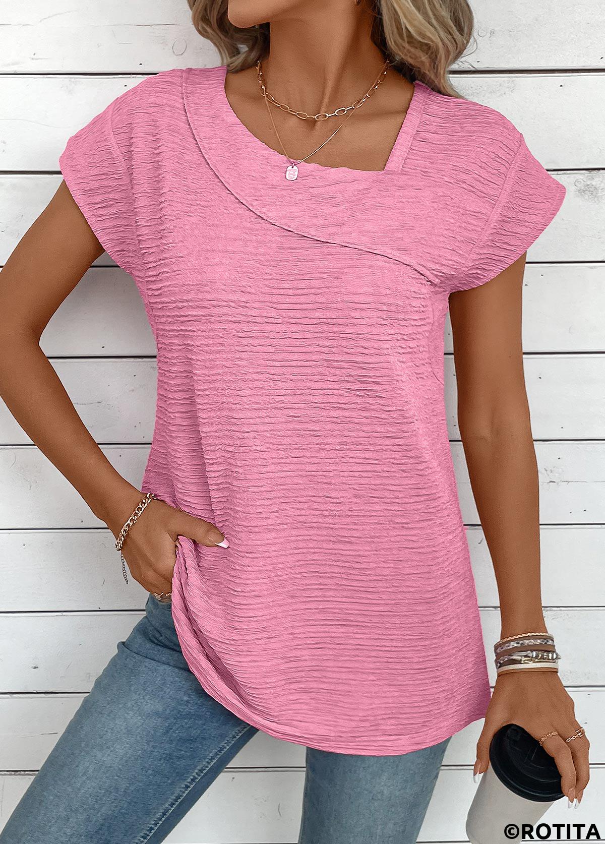 ROTITA Jacquard Pink Asymmetrical Neck Short Sleeve T Shirt