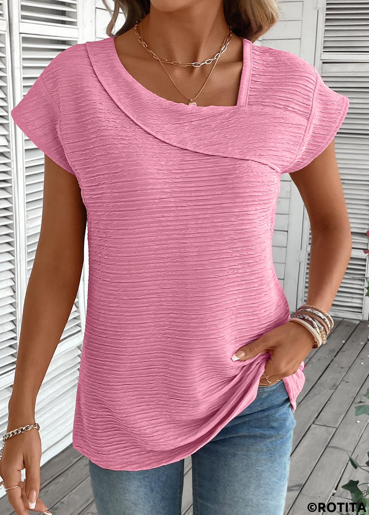 ROTITA Jacquard Pink Asymmetrical Neck Short Sleeve T Shirt