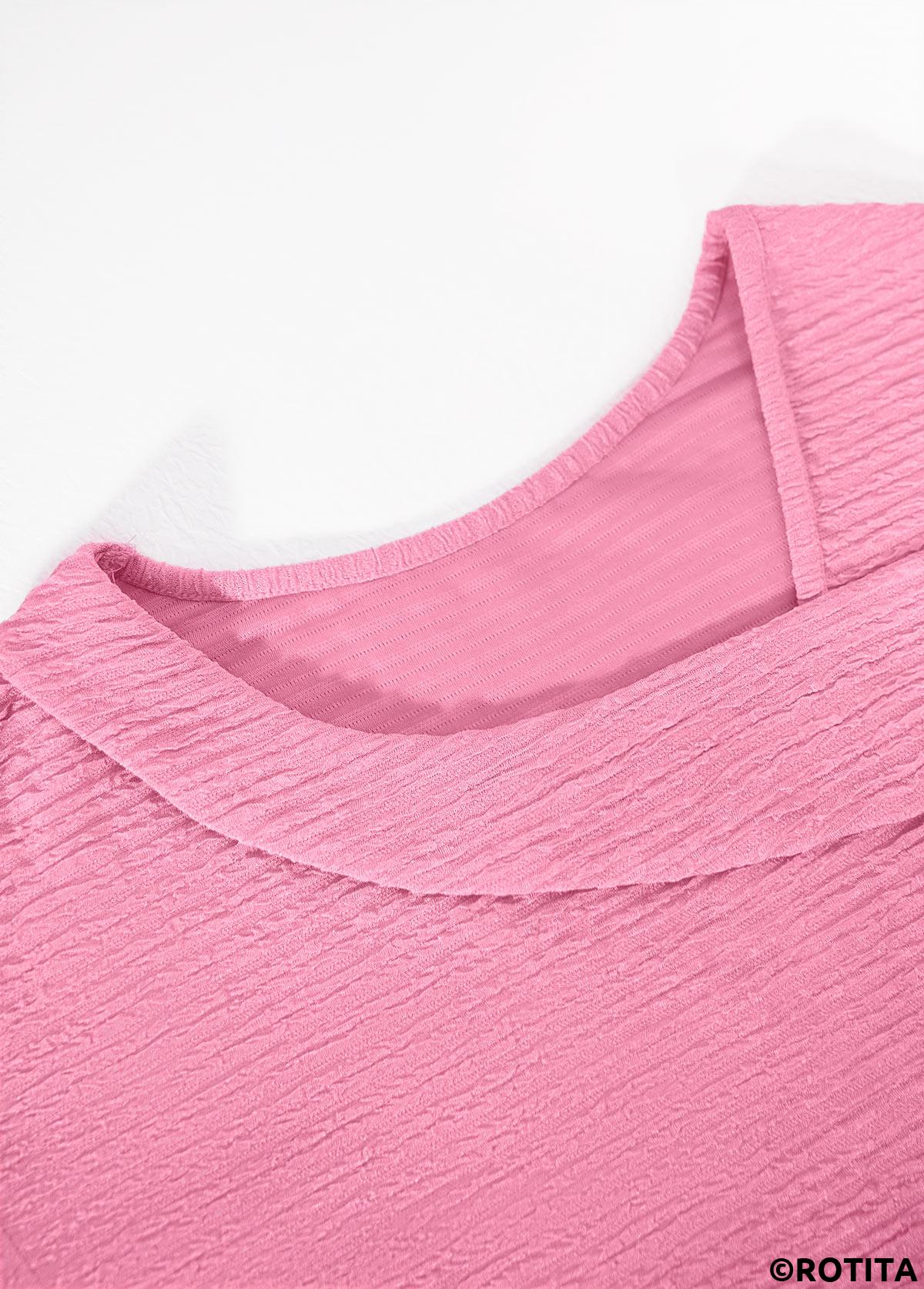 Pink tops,Plain Color tops,ROTITA Jacquard Pink Asymmetrical Neck Short Sleeve T Shirt