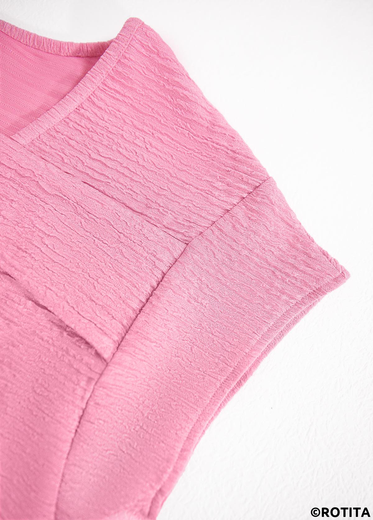 Pink tops,Plain Color tops,ROTITA Jacquard Pink Asymmetrical Neck Short Sleeve T Shirt