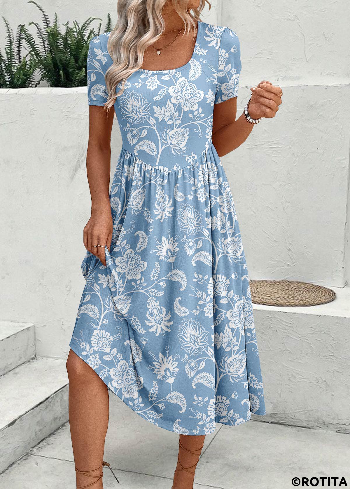 Dusty Blue dresses,Floral dresses,Plants dresses,Vacation dresses,Vacation dresses,ROTITA Zipper Floral Print Dusty Blue Square Neck Dress