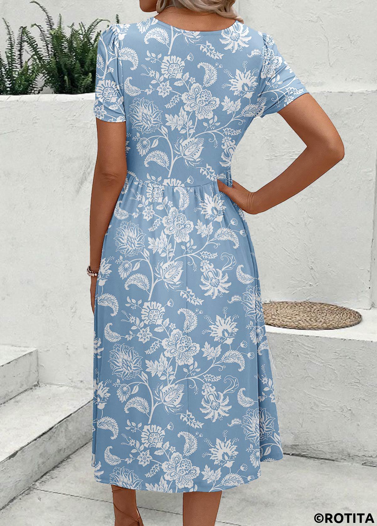 Dusty Blue dresses,Floral dresses,Plants dresses,Vacation dresses,Vacation dresses,ROTITA Zipper Floral Print Dusty Blue Square Neck Dress