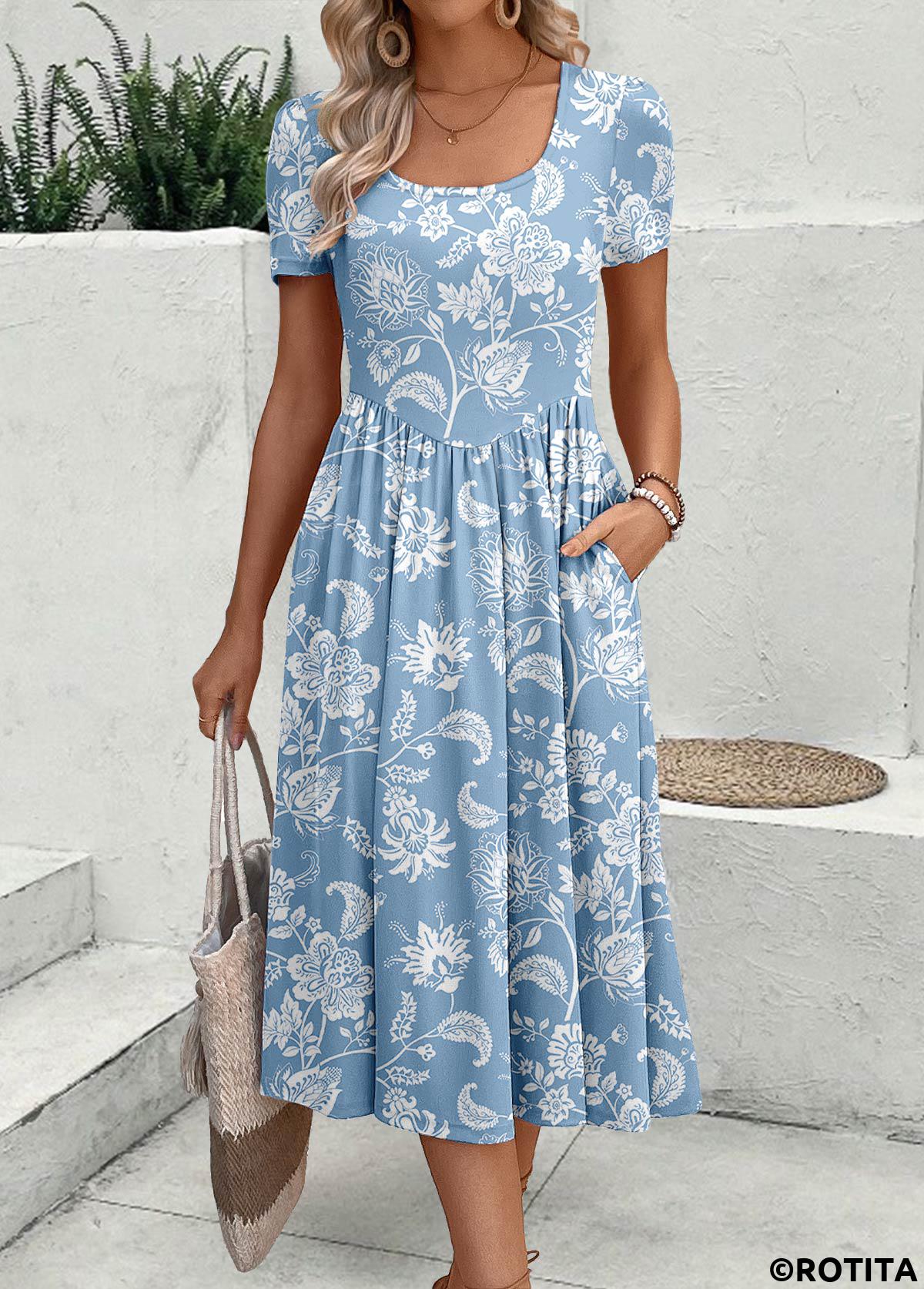 Dusty Blue dresses,Floral dresses,Plants dresses,Vacation dresses,Vacation dresses,ROTITA Zipper Floral Print Dusty Blue Square Neck Dress
