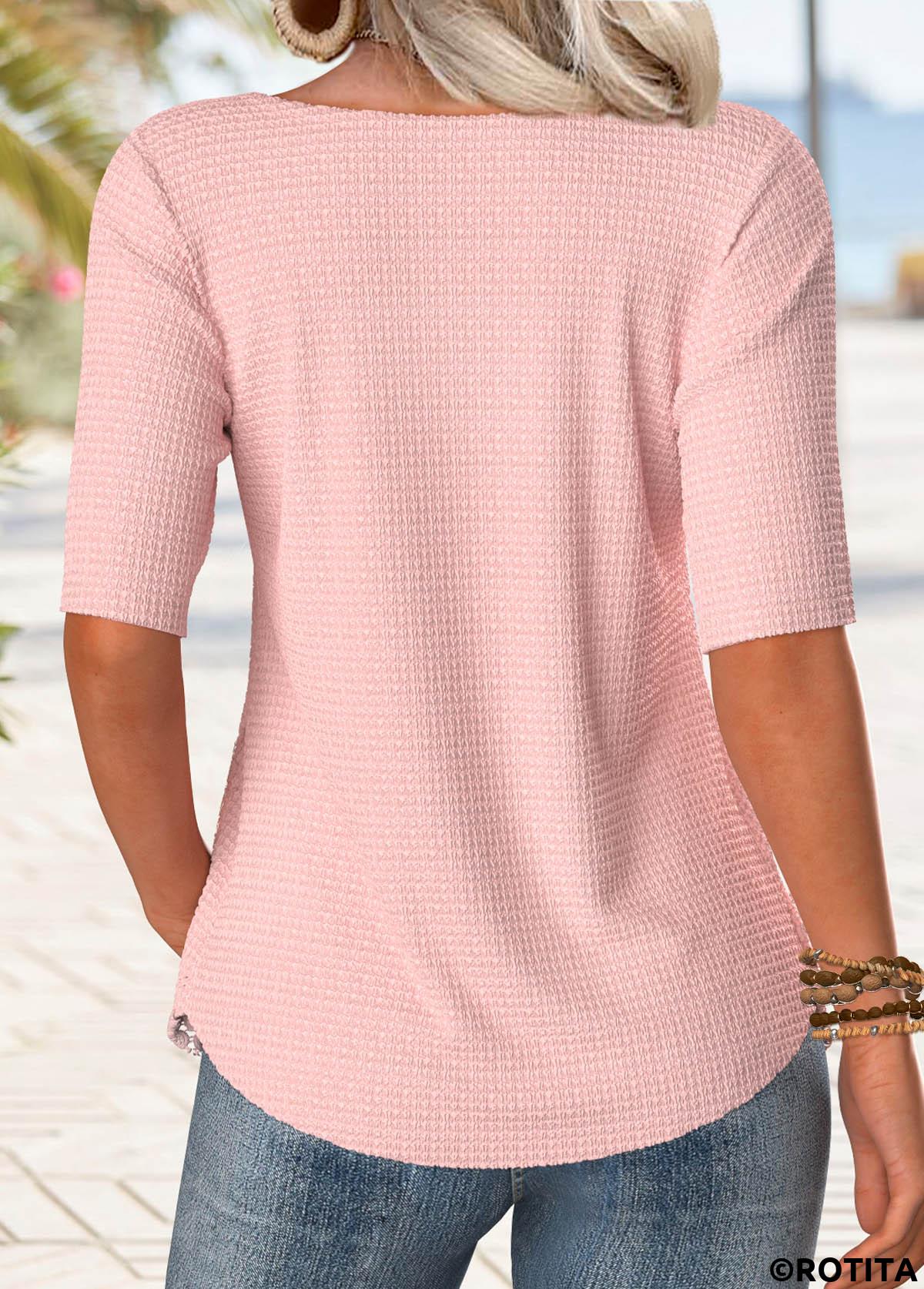 ROTITA Button Light Pink Scoop Neck Half Sleeve T Shirt