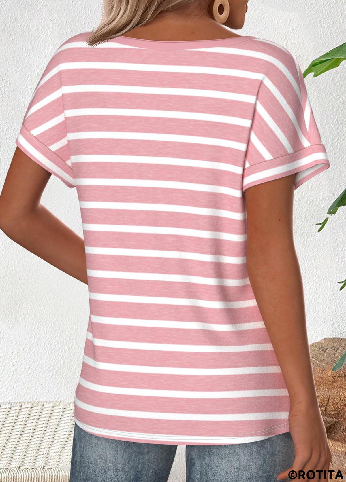 Light Blue tops,Striped tops,Geometric tops,ROTITA Striped Light Pink Boat Neck Short Sleeve T Shirt
