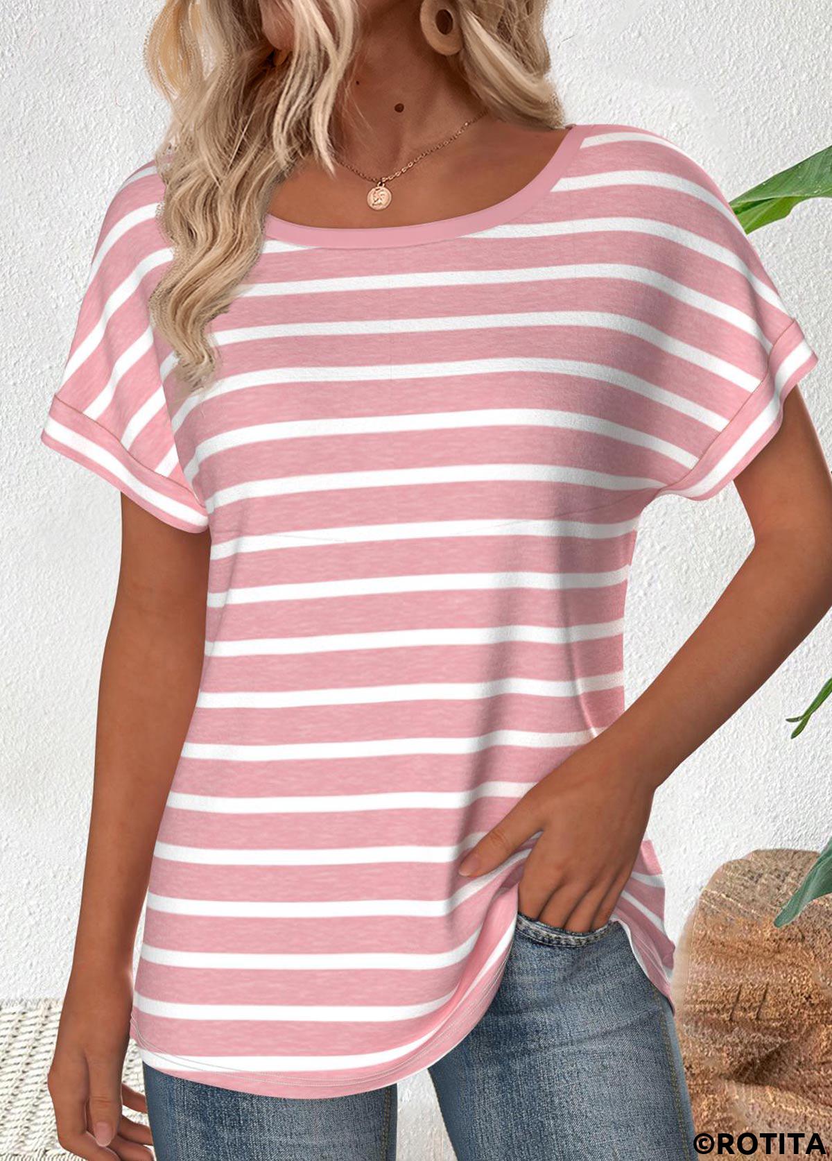 Light Blue tops,Striped tops,Geometric tops,ROTITA Striped Light Pink Boat Neck Short Sleeve T Shirt