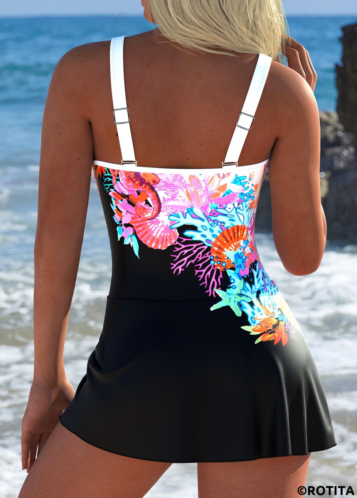 Multi Color swimwear,Animal Print swimwear,ROTITA Tie Multi Color Animal Print One Piece Swimdress