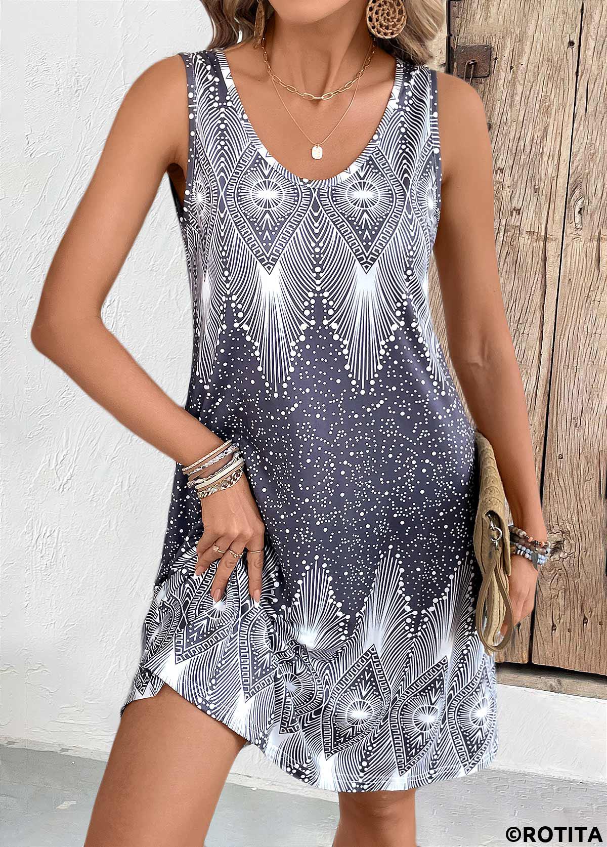 ROTITA Tribal Print Grey A Line Scoop Neck Sleeveless Dress