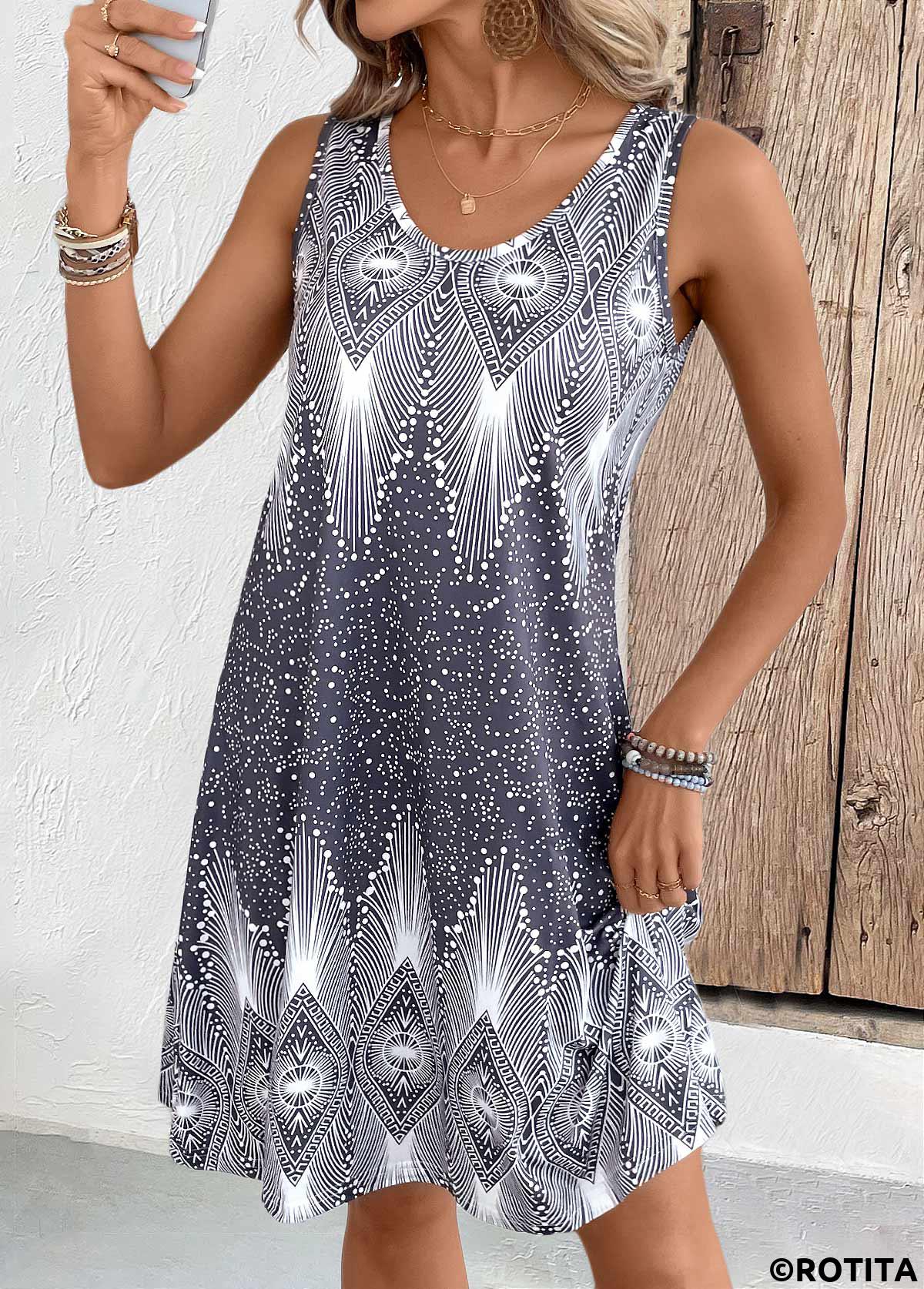 ROTITA Tribal Print Grey A Line Scoop Neck Sleeveless Dress