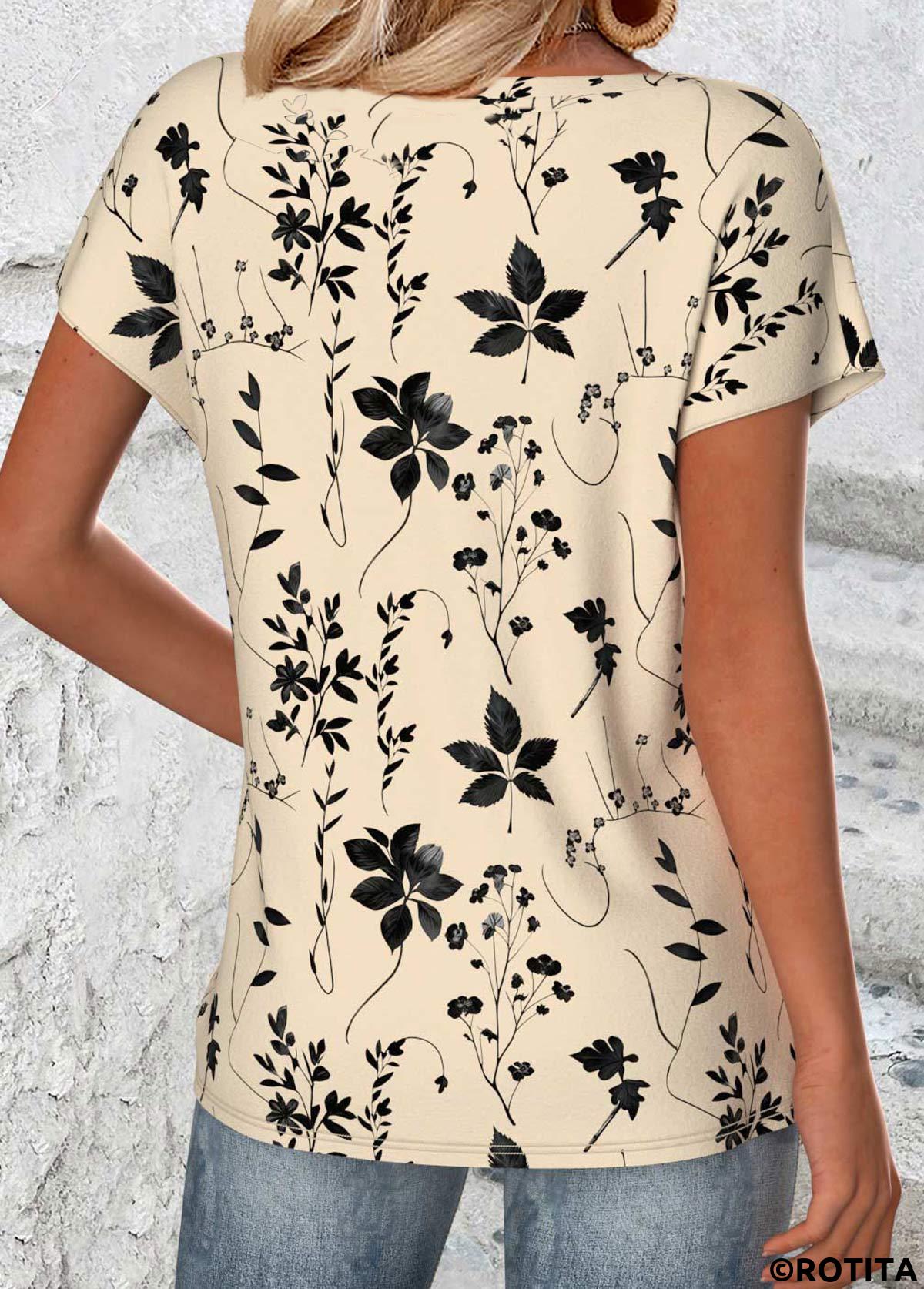Beiges T-Shirt mit Rundhalsausschnitt und kurzen Ärmeln und Rotita-Pflanzen-Print