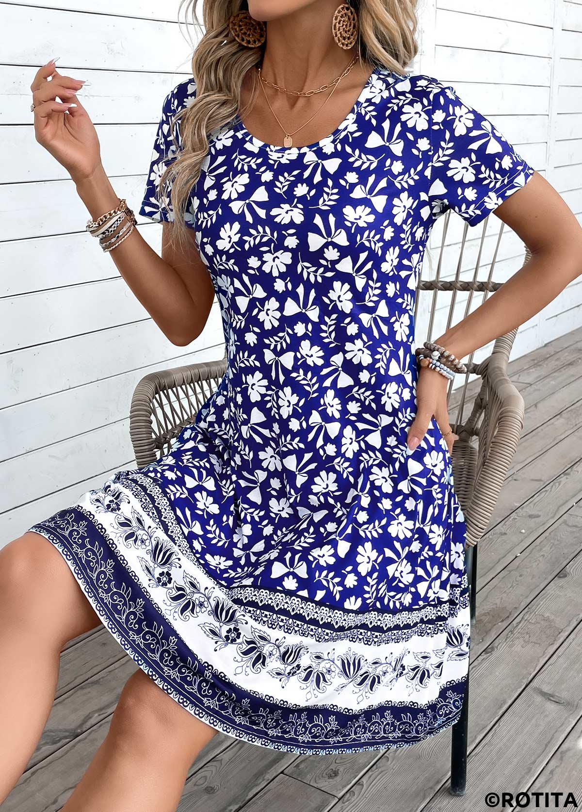 robe à col rond en patchwork à imprimé tribal bleu Rotita