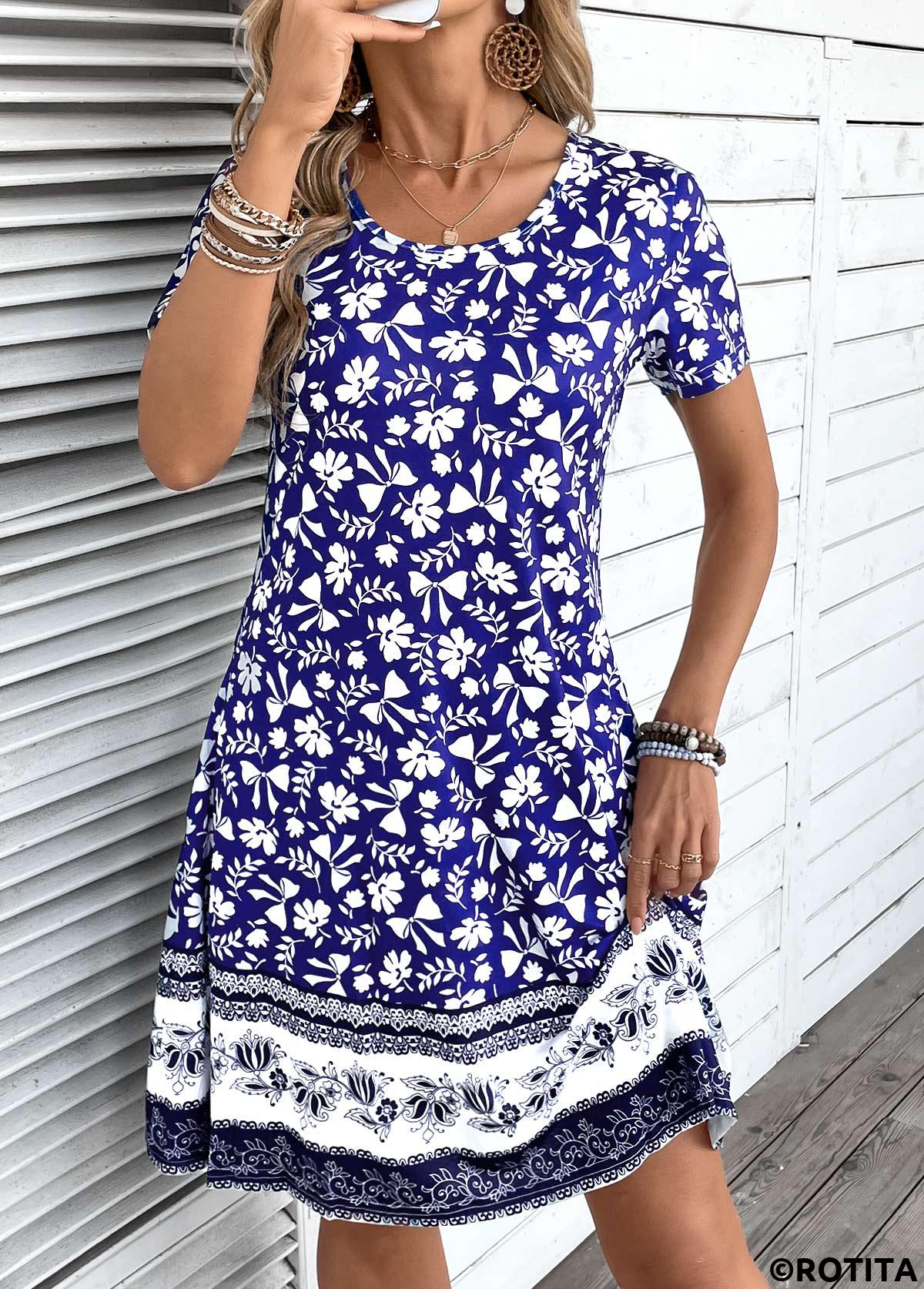 robe à col rond en patchwork à imprimé tribal bleu Rotita
