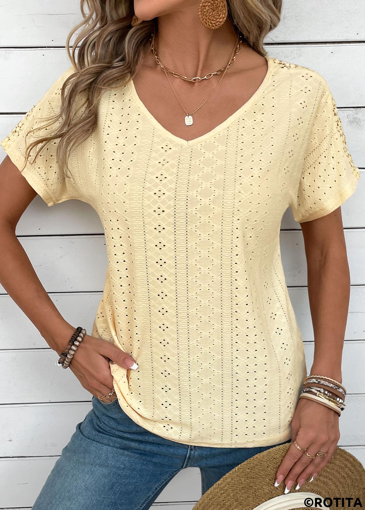 ROTITA Embroidery Ginger V Neck Short Sleeve T Shirt