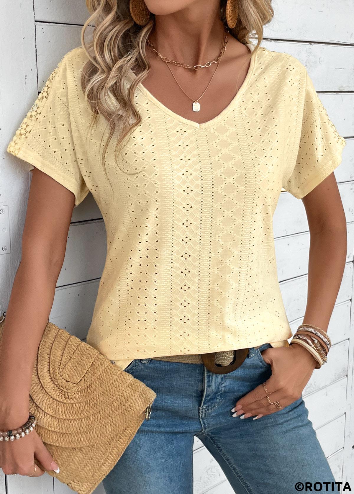 ROTITA Embroidery Ginger V Neck Short Sleeve T Shirt