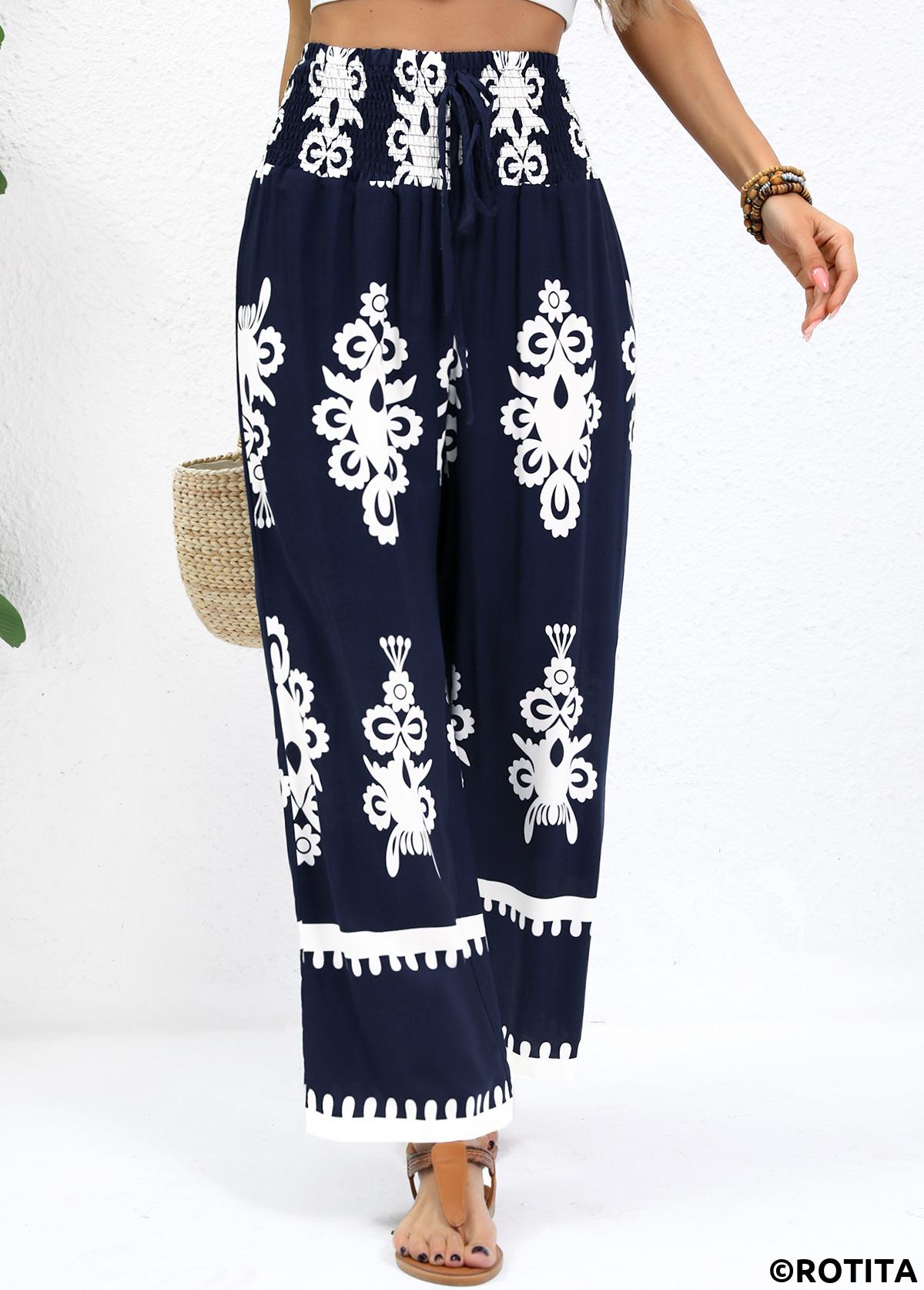Navy bottoms,Tribal bottoms,Navy Straight Leg Elastic Waist Pants