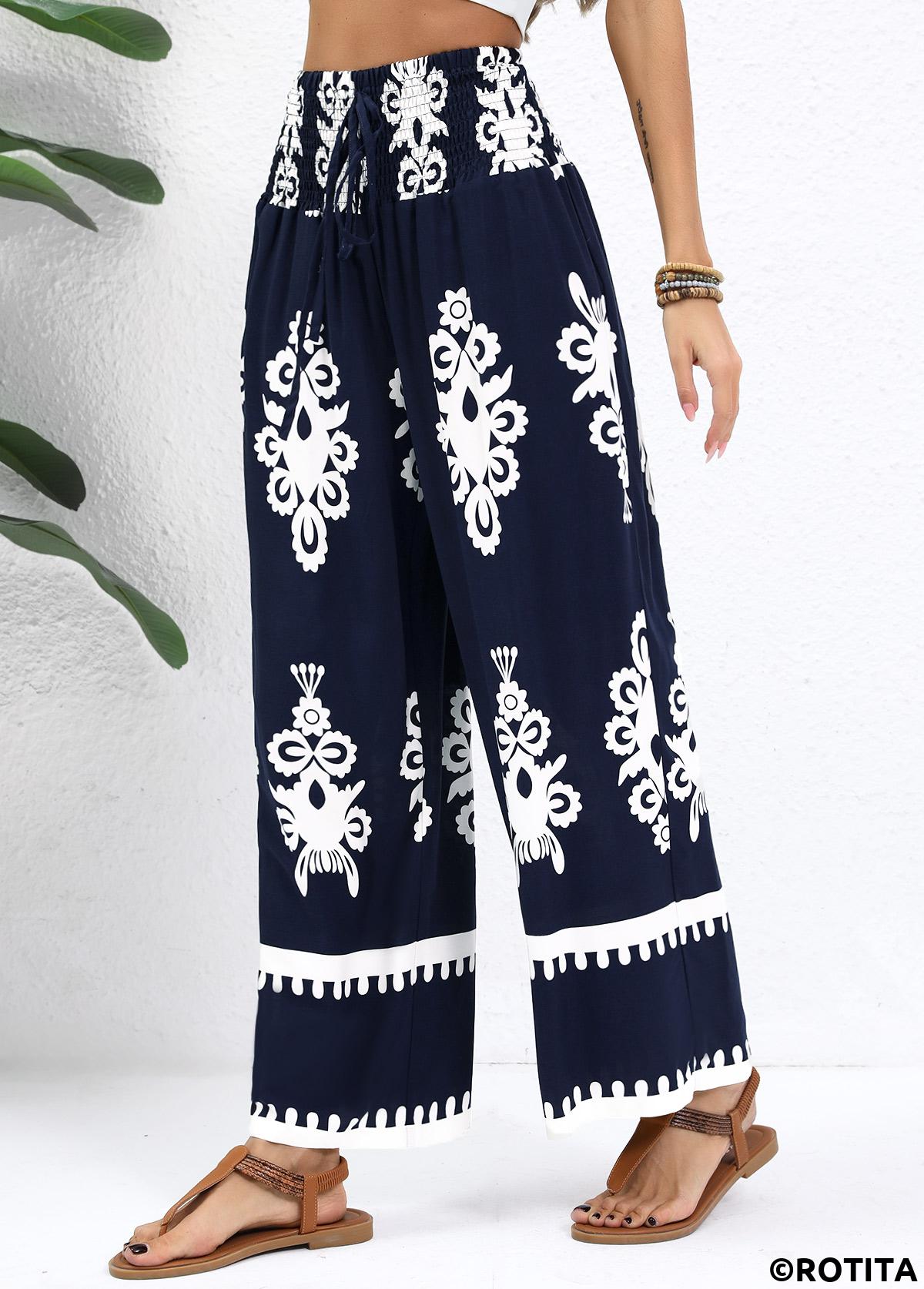 Navy bottoms,Tribal bottoms,Navy Straight Leg Elastic Waist Pants