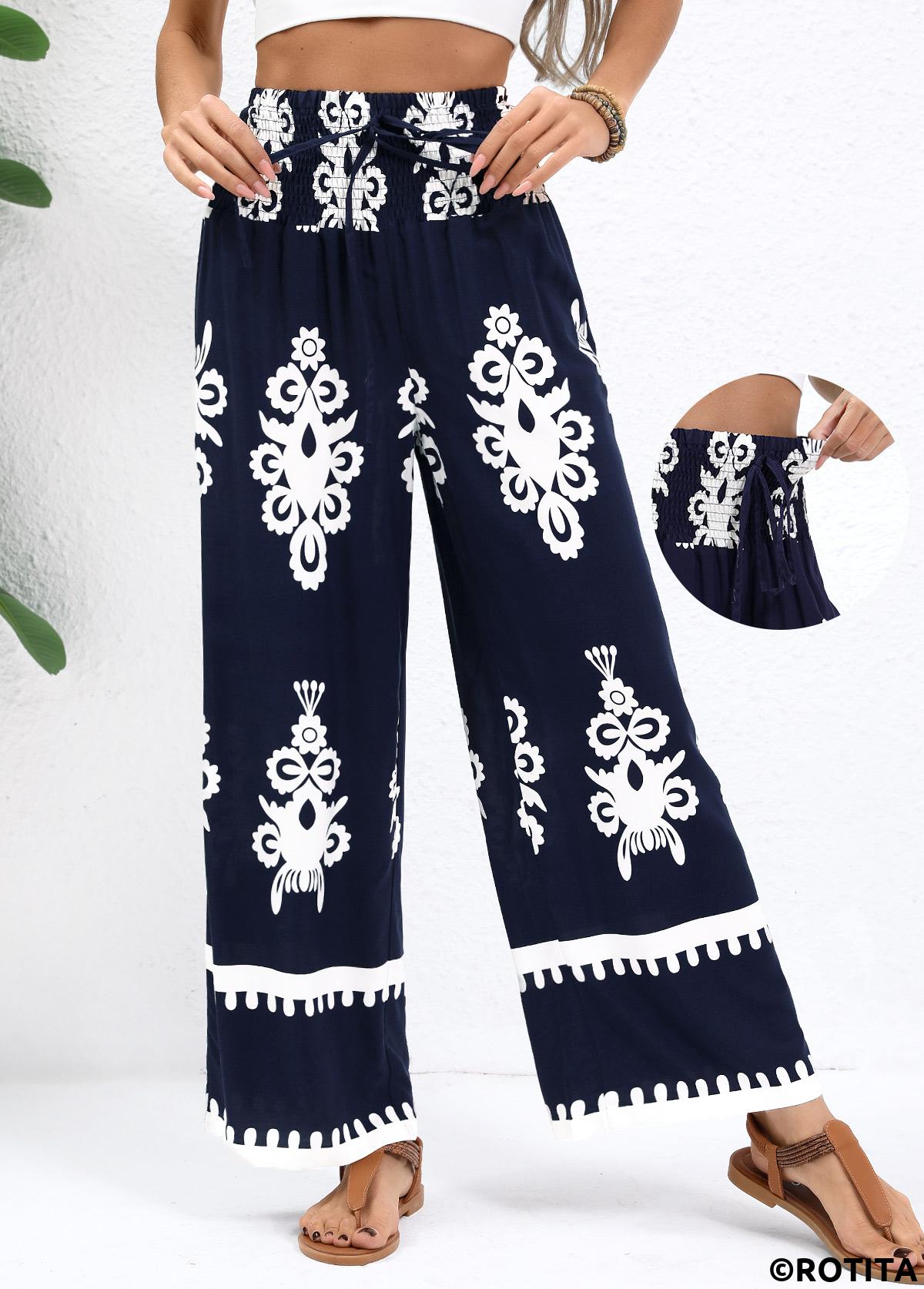 Navy bottoms,Tribal bottoms,Navy Straight Leg Elastic Waist Pants