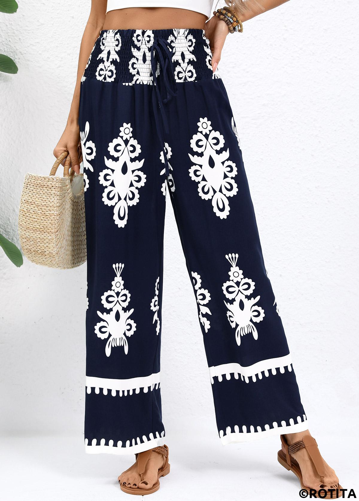 Navy bottoms,Tribal bottoms,Navy Straight Leg Elastic Waist Pants
