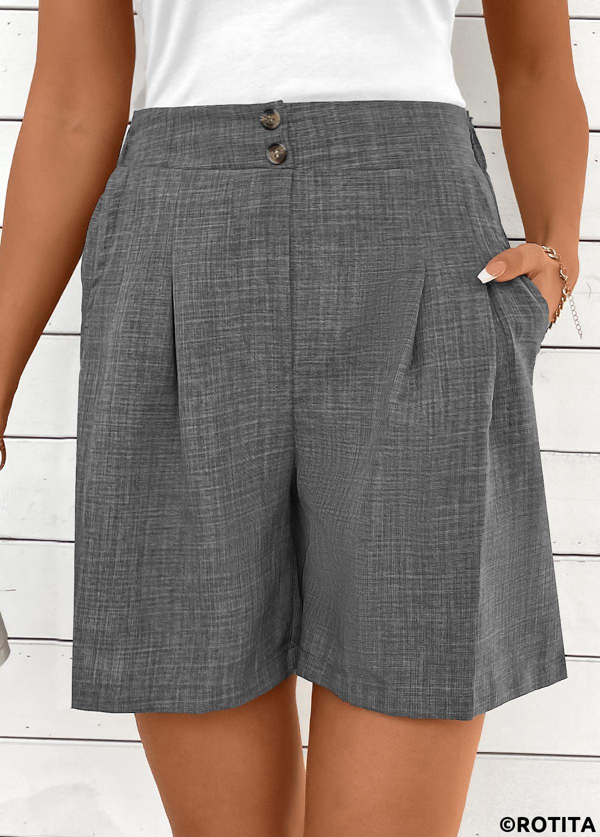 Dark Grey Marl bottoms,Plain Color bottoms,Button Dark Grey Marl Straight Leg High Waisted Shorts