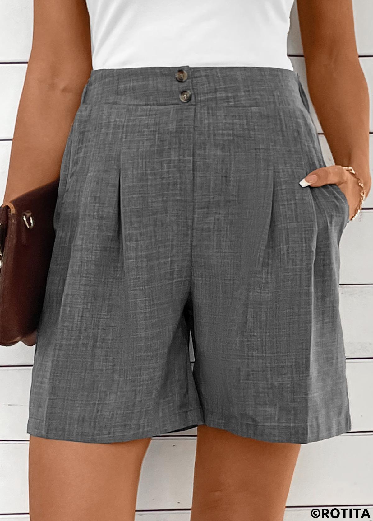 Dark Grey Marl bottoms,Plain Color bottoms,Button Dark Grey Marl Straight Leg High Waisted Shorts