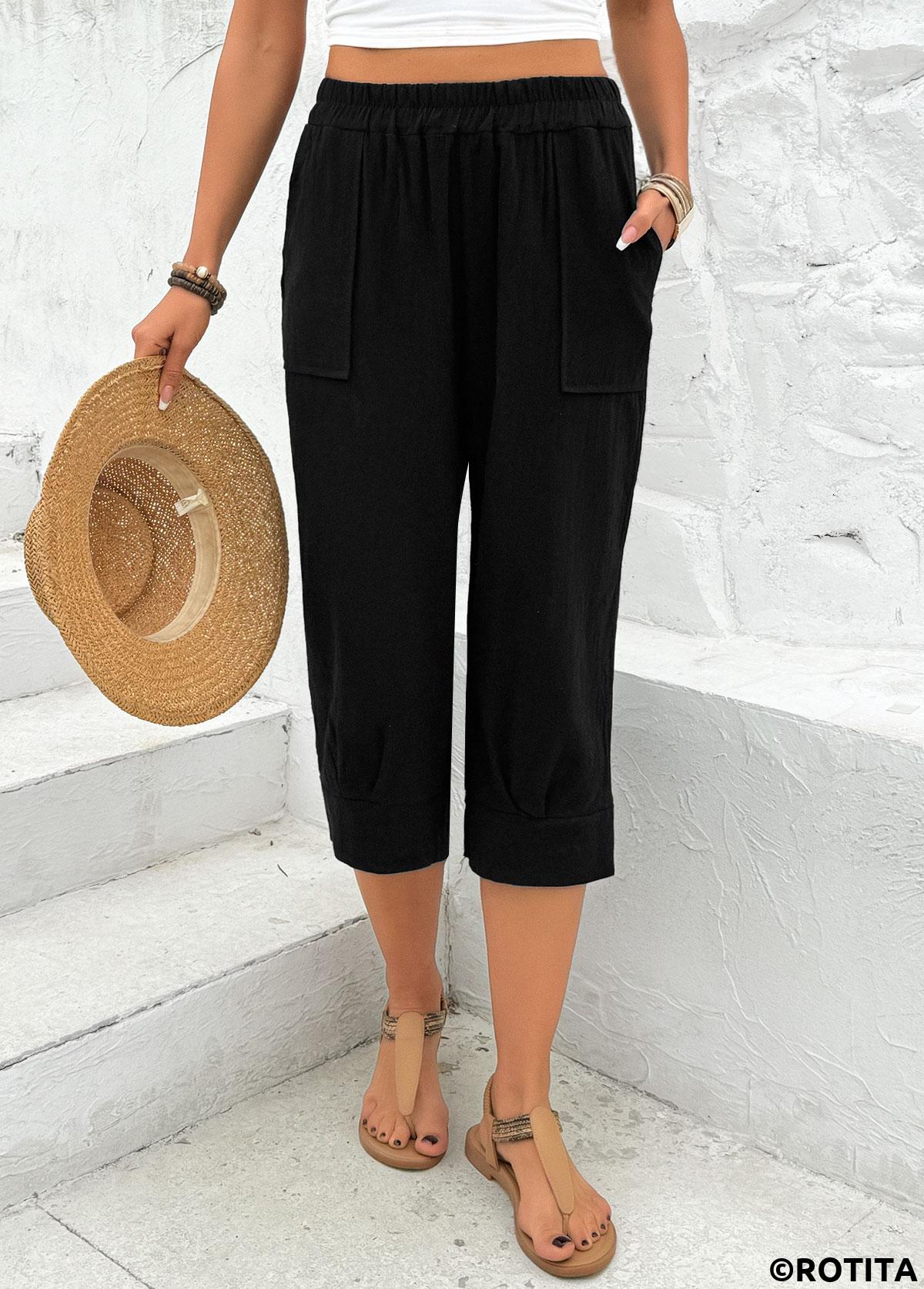 Black bottoms,Plain Color bottoms,Straight Leg Elastic Waist Black High Waisted Pants