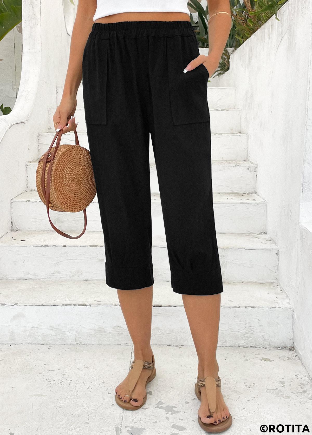 Black bottoms,Plain Color bottoms,Straight Leg Elastic Waist Black High Waisted Pants