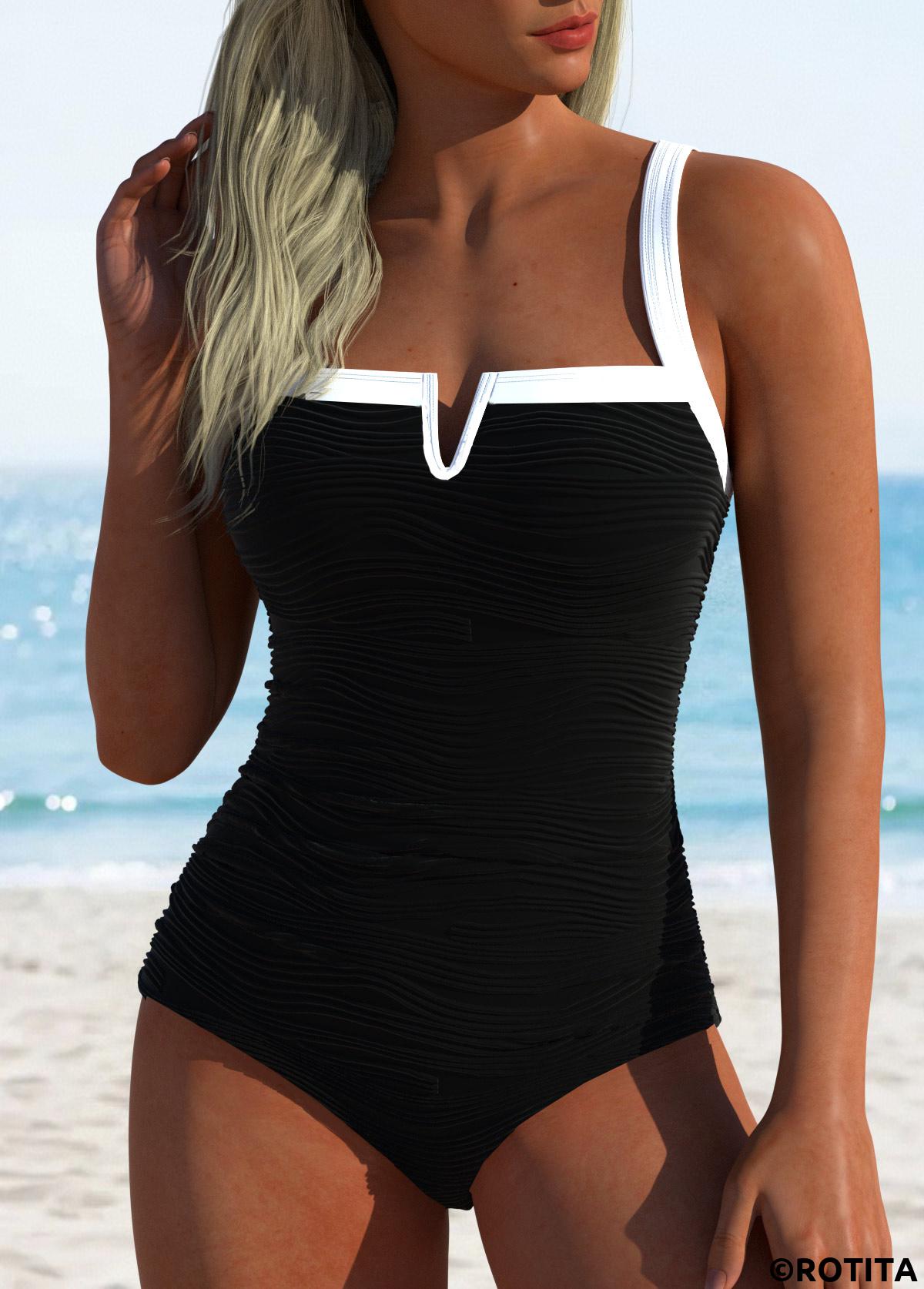 Black swimwear,Plain Color swimwear,ROTITA Contrast Binding Black Patchwork One Piece Swimdress
