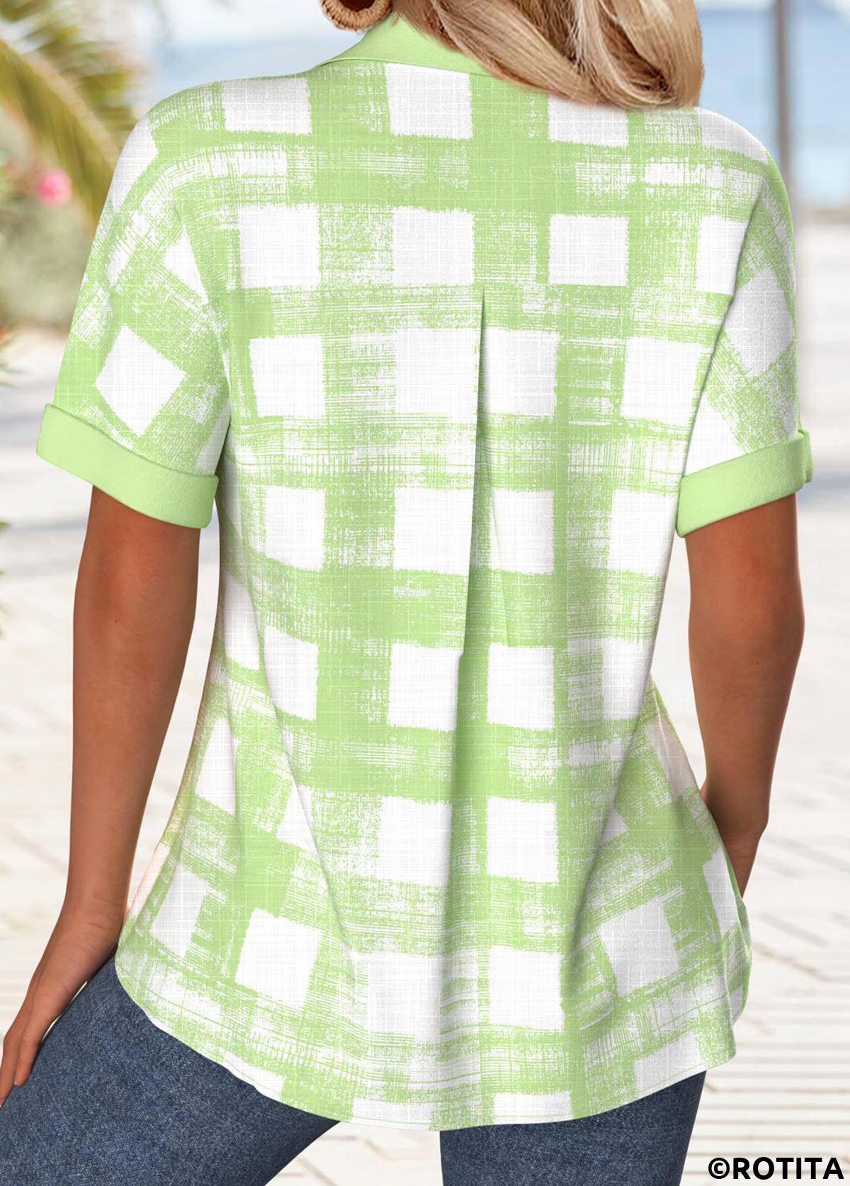 Light Green tops,Plaid tops,Geometric tops,ROTITA Button Plaid Light Green Short Sleeve Shirt