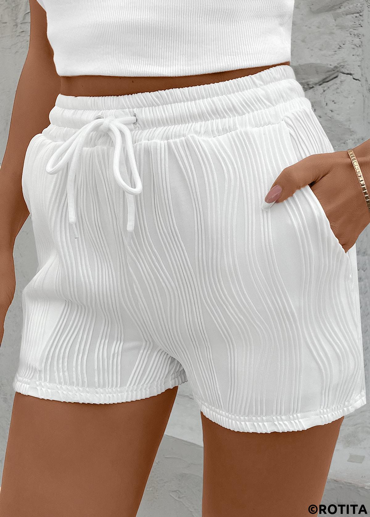 White bottoms,Plain Color bottoms,Drawstring White Elastic Waist High Waisted Shorts