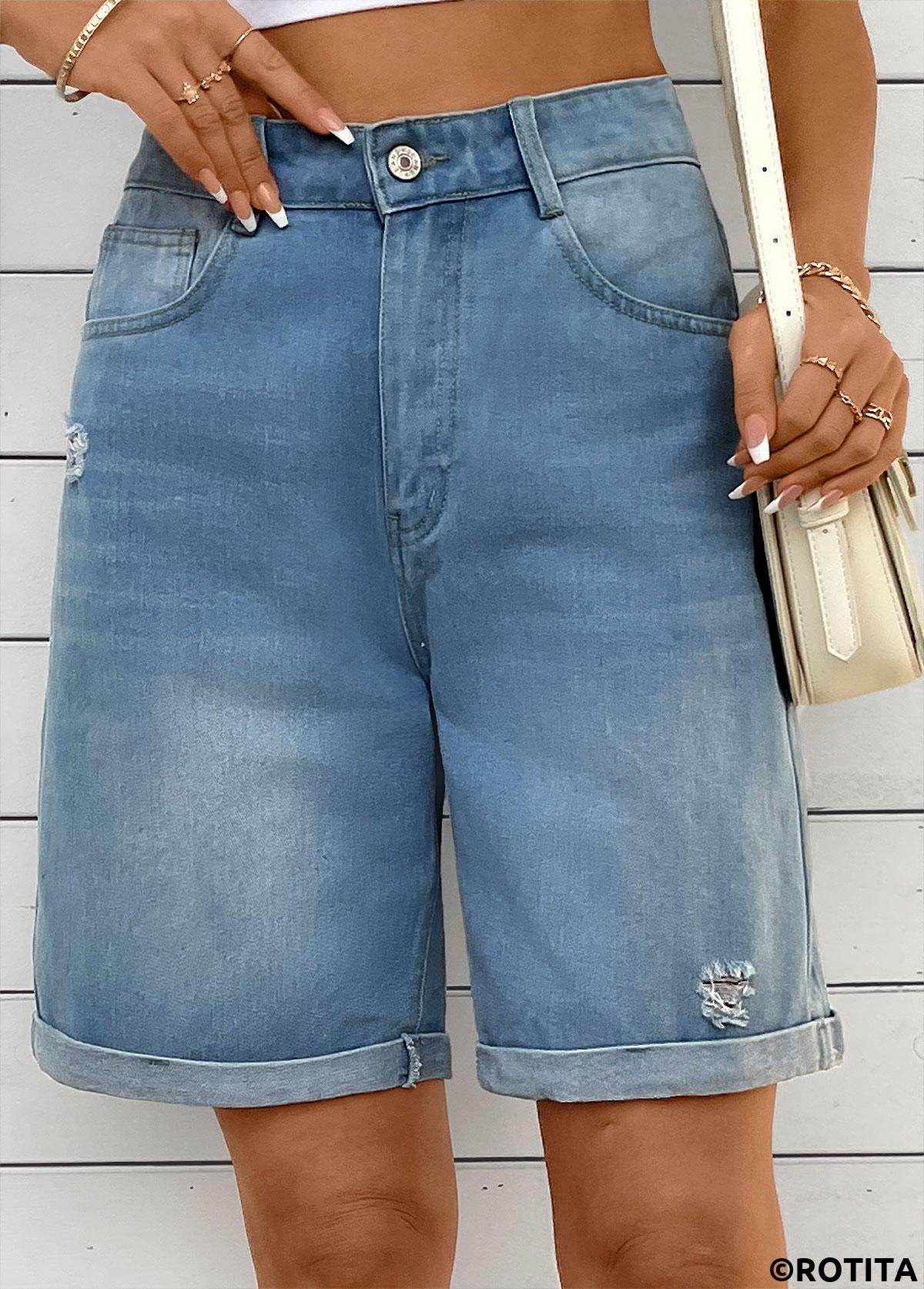 Denim Blue bottoms,Plain Color bottoms,Denim Blue Button Fly High Waisted Shorts