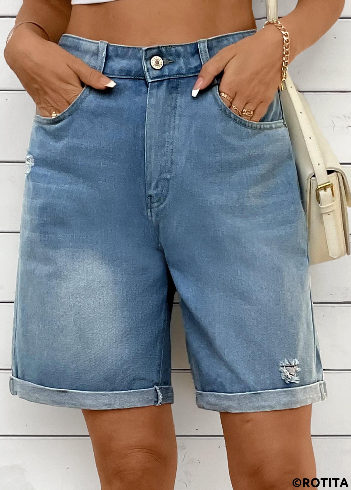 Denim Blue bottoms,Plain Color bottoms,Denim Blue Button Fly High Waisted Shorts