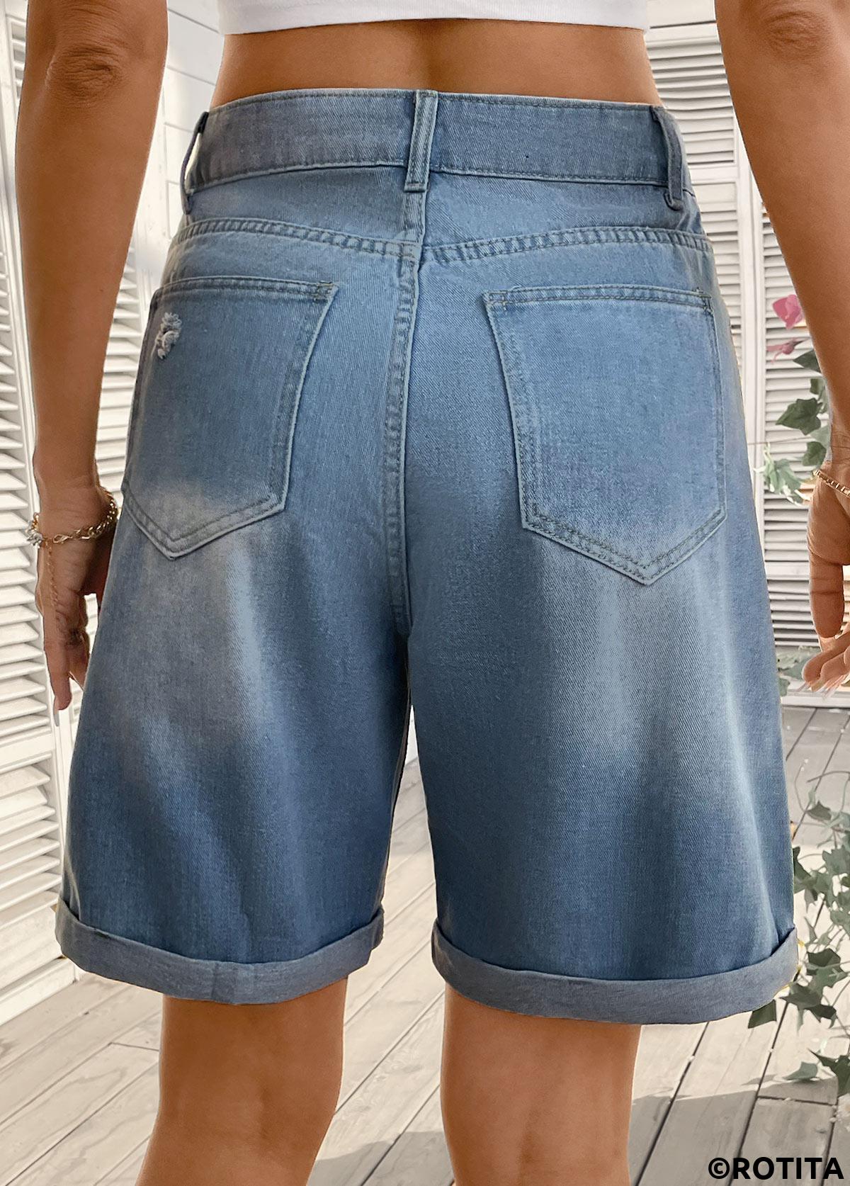 Denim Blue bottoms,Plain Color bottoms,Denim Blue Button Fly High Waisted Shorts