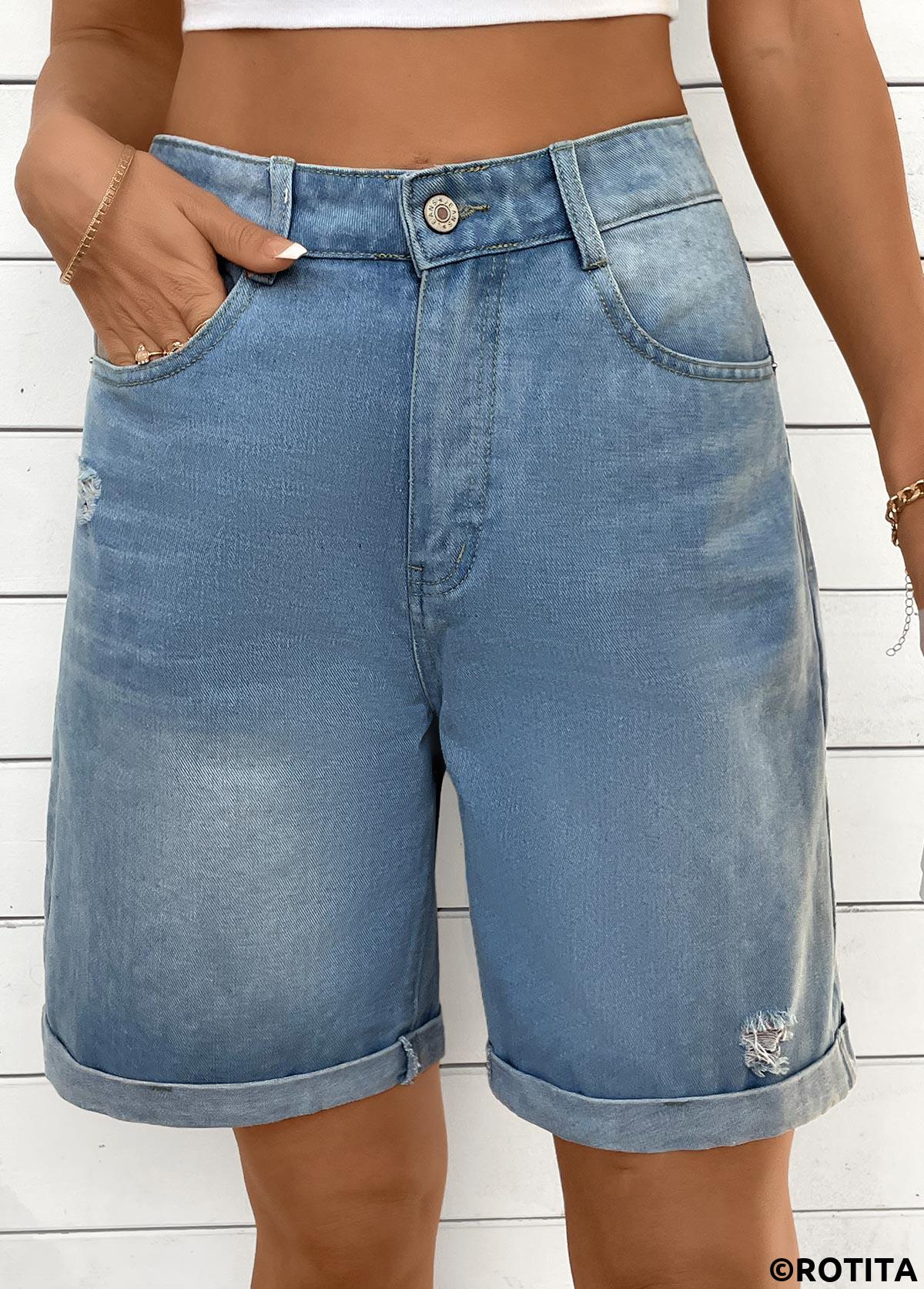 Denim Blue bottoms,Plain Color bottoms,Denim Blue Button Fly High Waisted Shorts