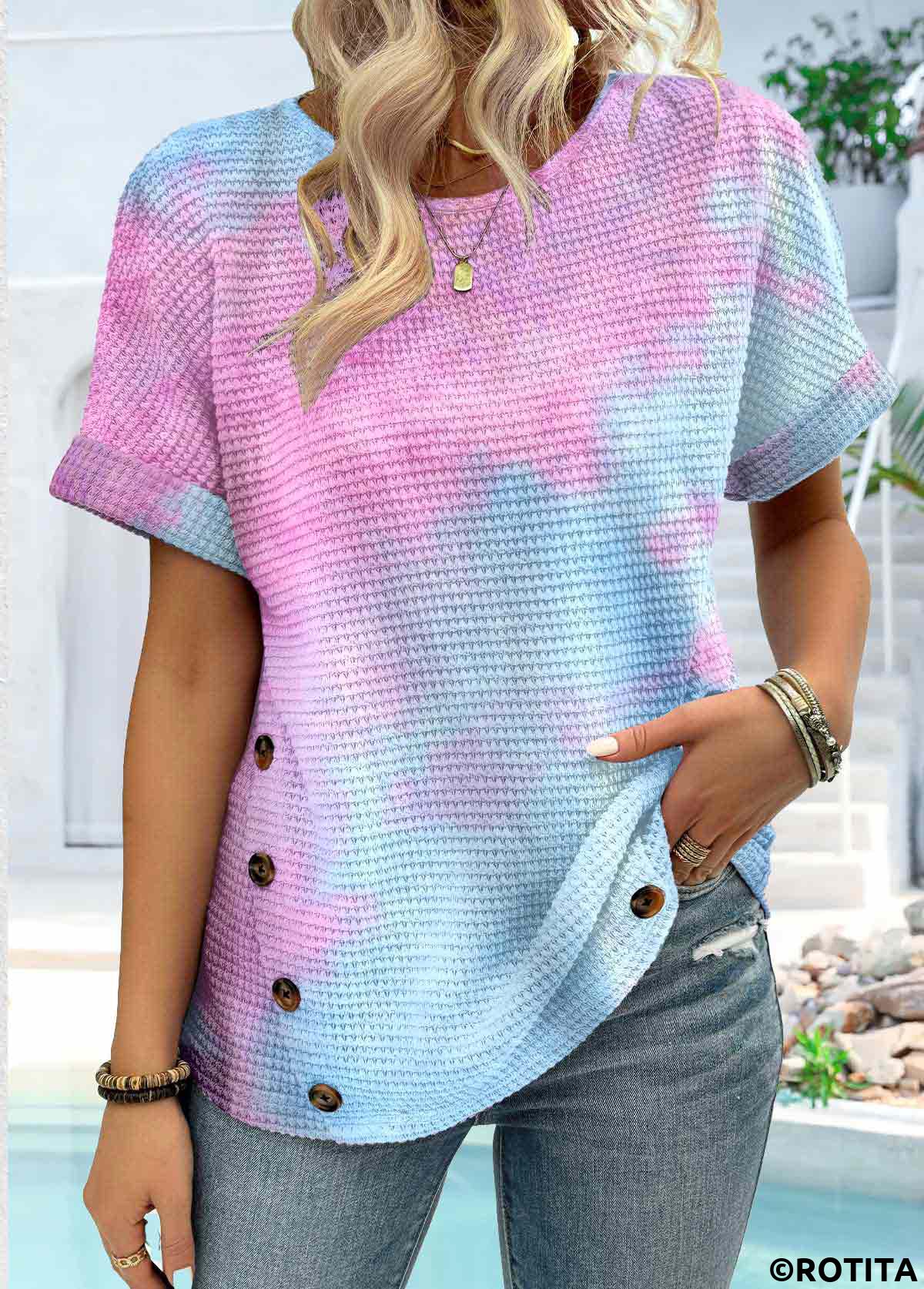 Rotita Button Ombre Blue Rundhals-Kurzarm-T-Shirt