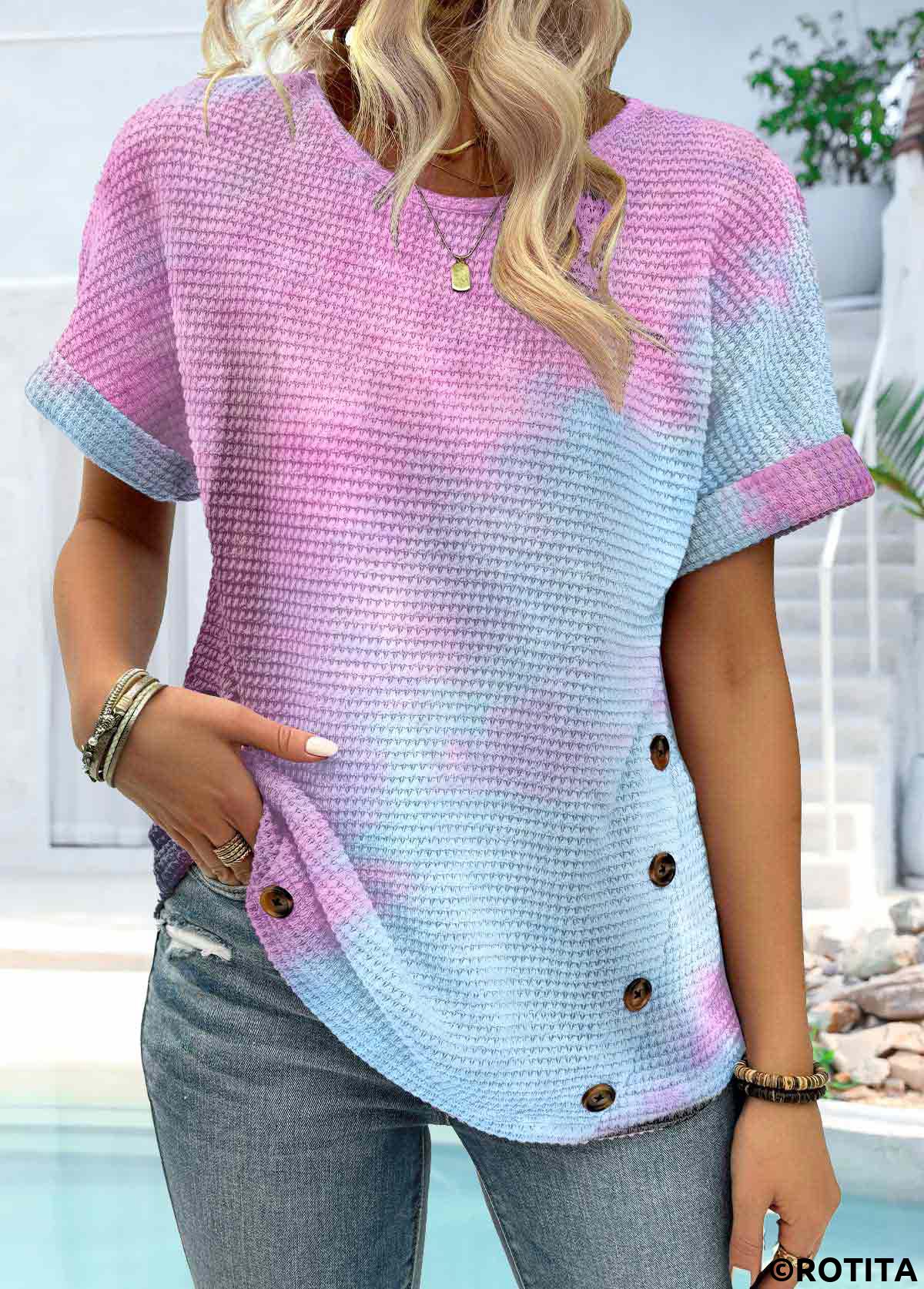 Rotita Button Ombre Blue Rundhals-Kurzarm-T-Shirt